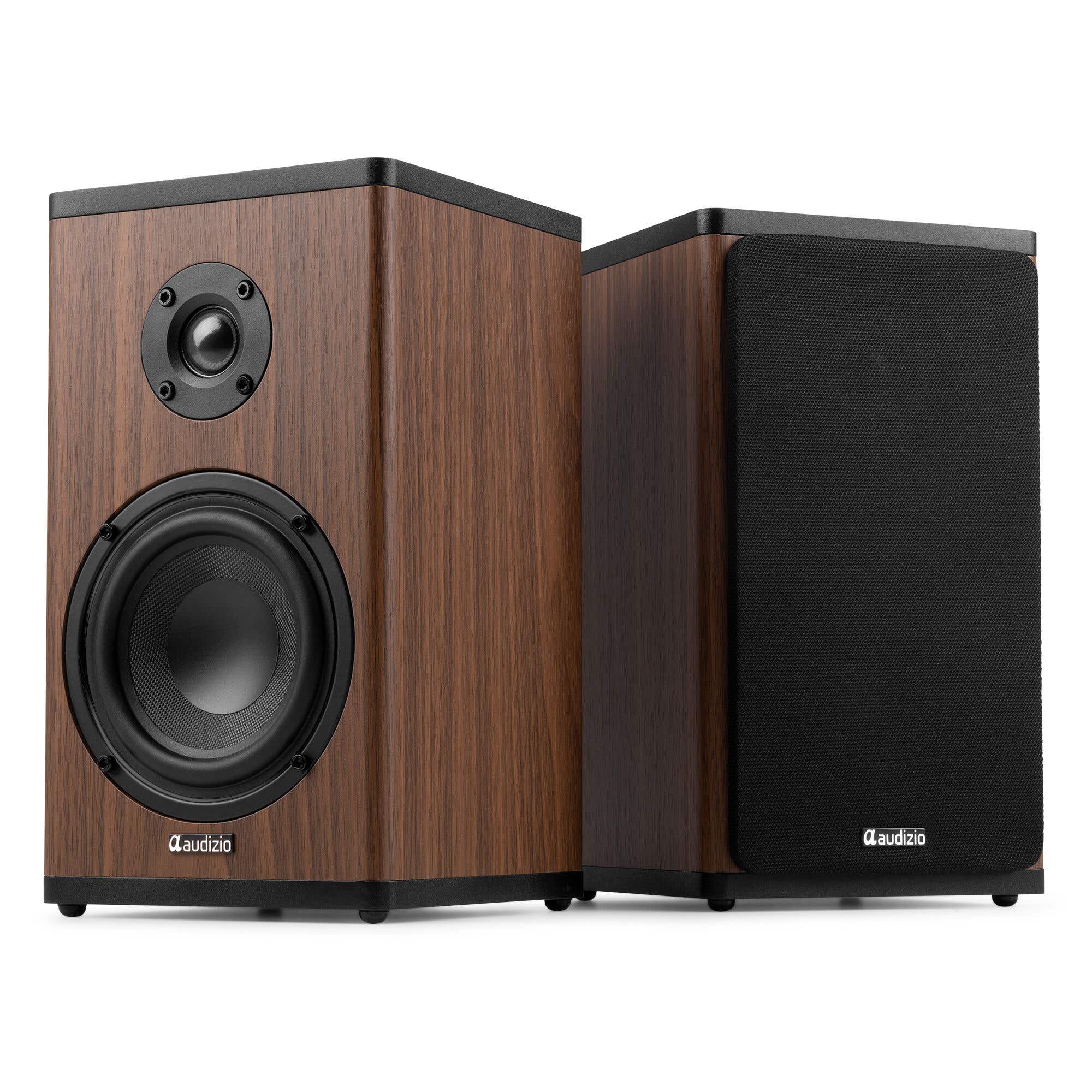 B-Ware - Audizio BS20 Regallautsprecher – Kabellose HiFi-Boxen mit Akku – Dunkelbraune Holzoptik