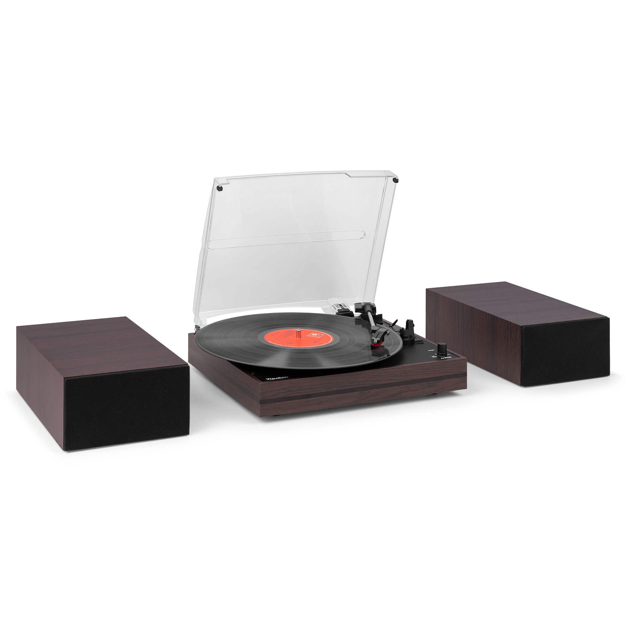 Audizio Akron Plattenspieler - Plattenspieler mit Lautsprechern - Bluetooth & AUX - Dunkelholz