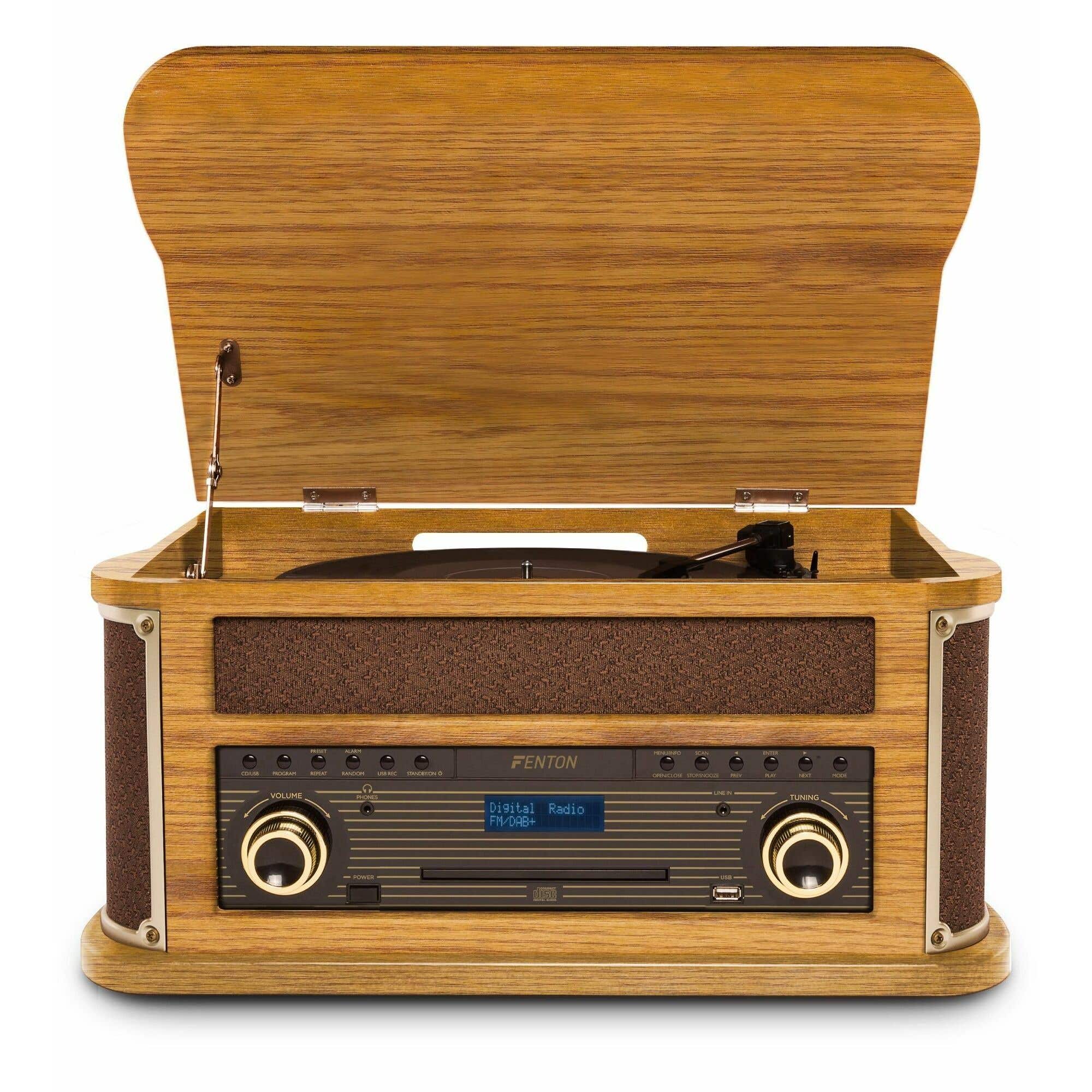 Fenton Memphis Plattenspieler mit Bluetooth, DAB & FM, CD, Kassette und MP3-Player - Holz Hell