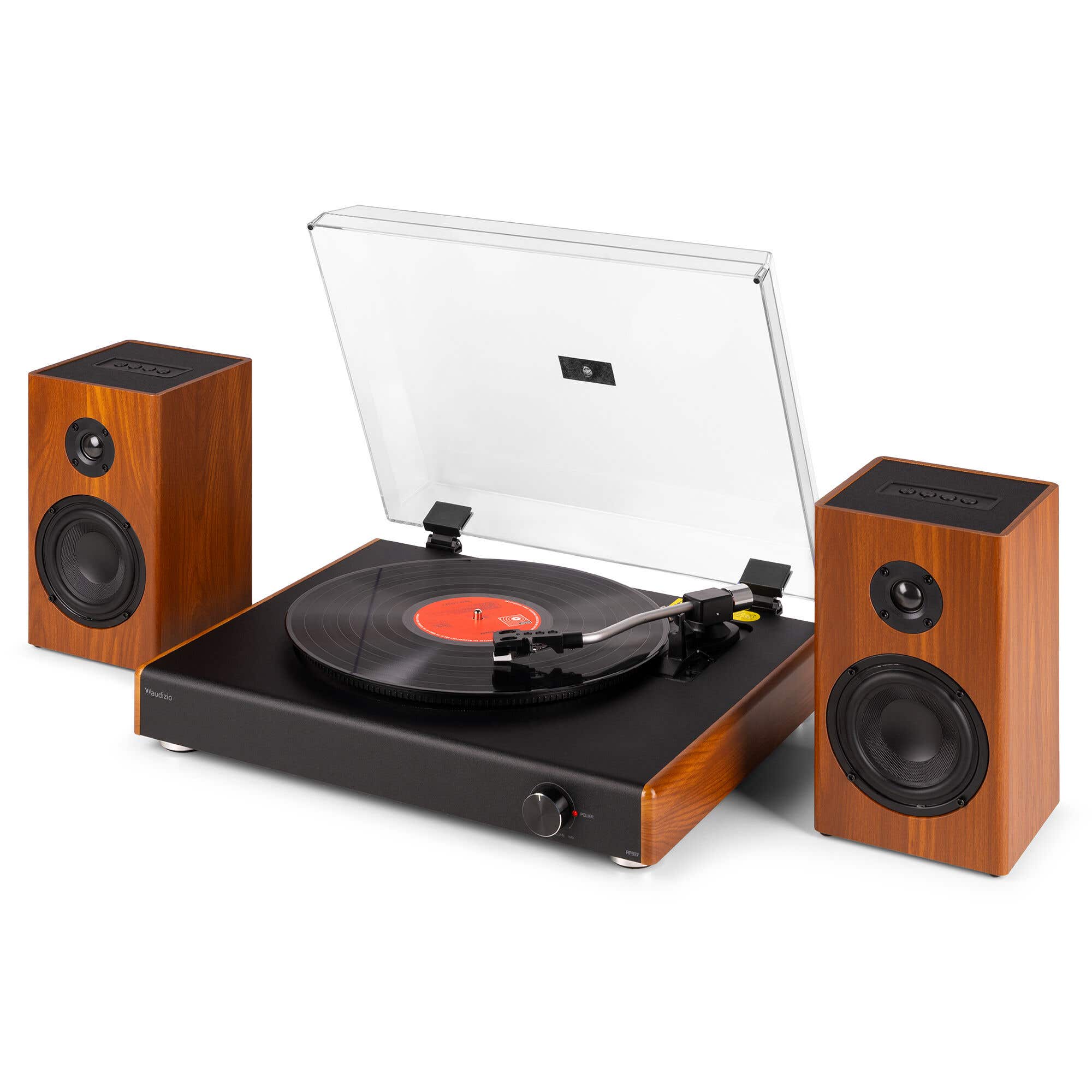 Audizio RP337W Vintage Plattenspieler mit kabellosen Boxen – Retro Bluetooth – Holzoptik
