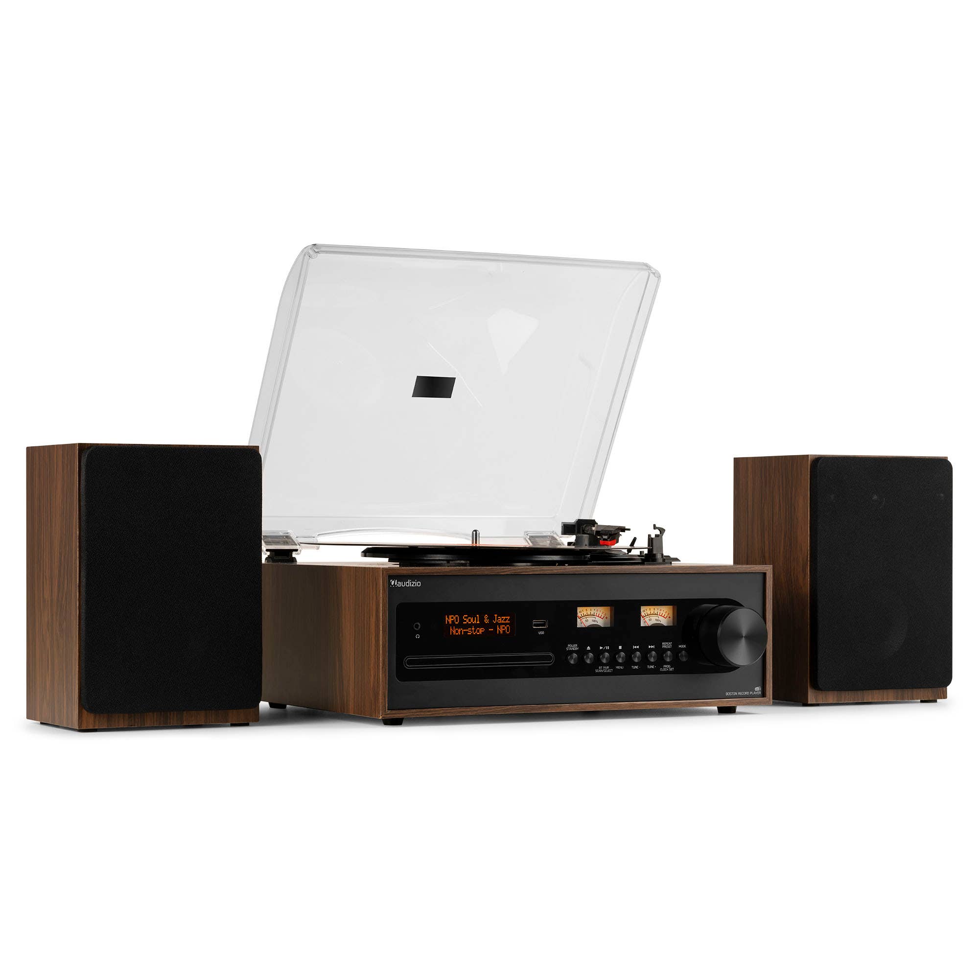 Audizio Boston Retro Plattenspieler Sound System – Vinyl & Radio Player - Braun