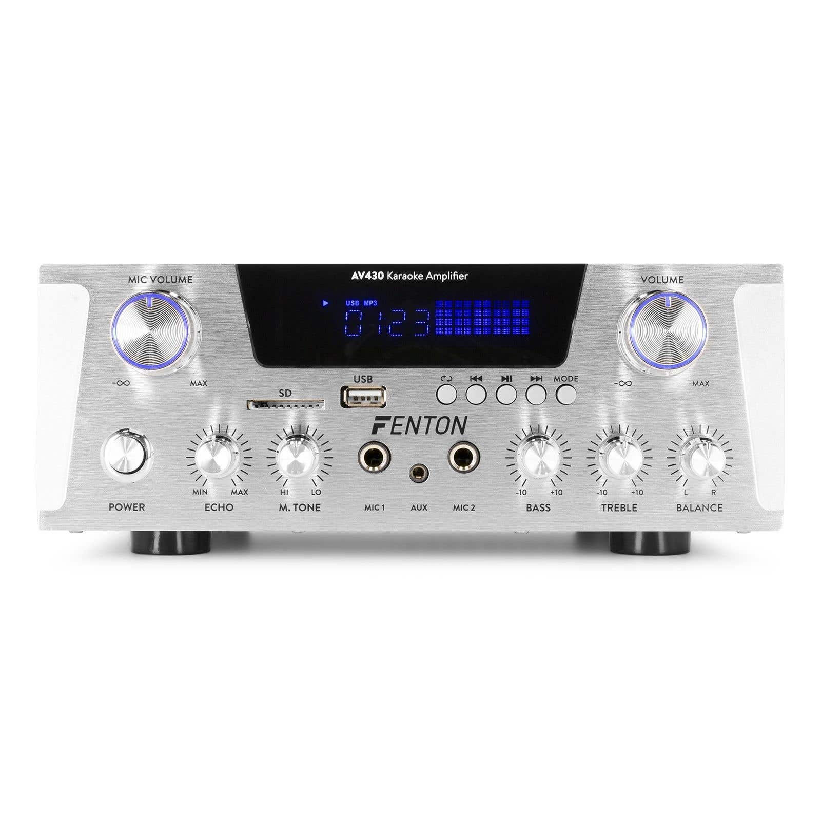 Fenton AV430A Karaoke-Verstärker mit Bluetooth - 2x 300W - MP3 -Player - Echoeffekt - Silber