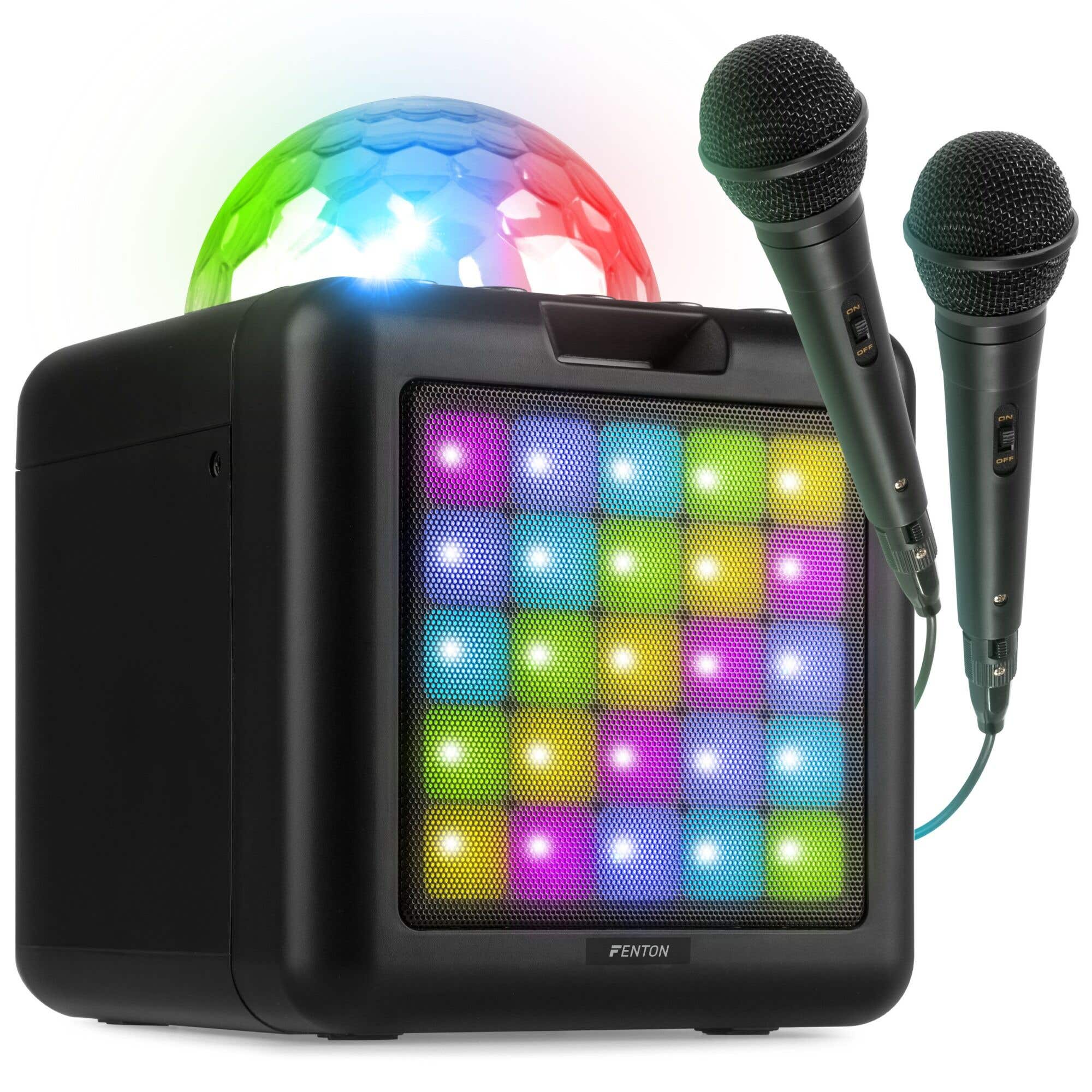 Fenton KAR15B Karaoke Anlage mit Bluetooth und 2 Mikrofonen - RGB-Lichteffekte inklusive - Schwarz