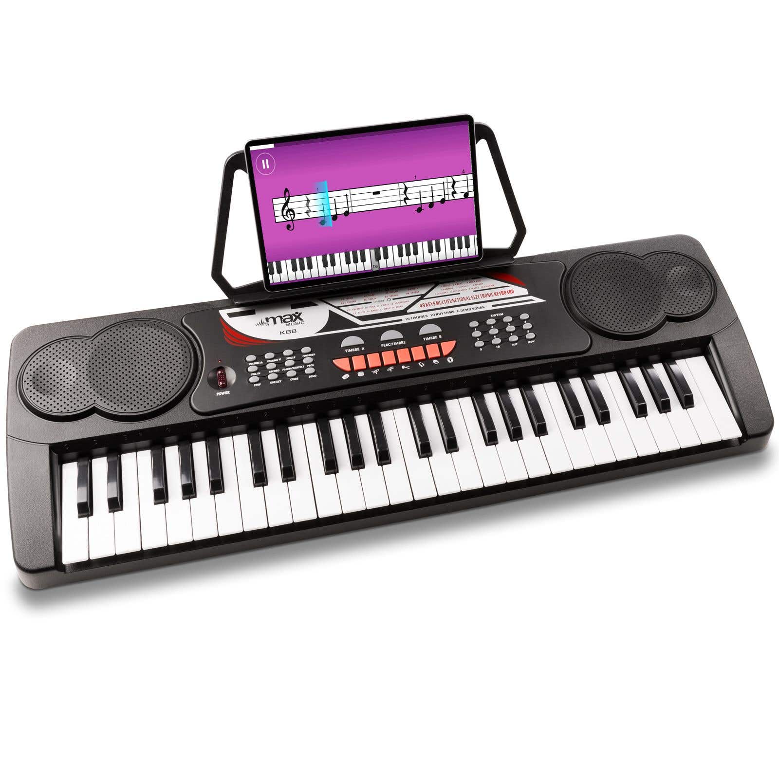 MAX KB8 Keyboard Klavier mit 49 Tasten, Lautsprecher integriert, Tragbar, Aufnahmefunktion, 6 Demo-Songs - Schwarz