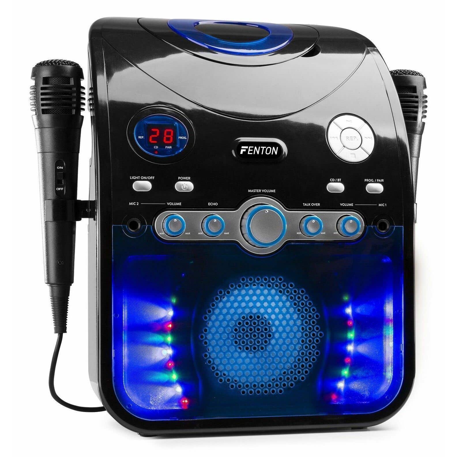 Fenton SBS20B Karaoke-Set mit Bluetooth, CD+G, Mikrofonen, LED und TV-Anschluss – schwarz