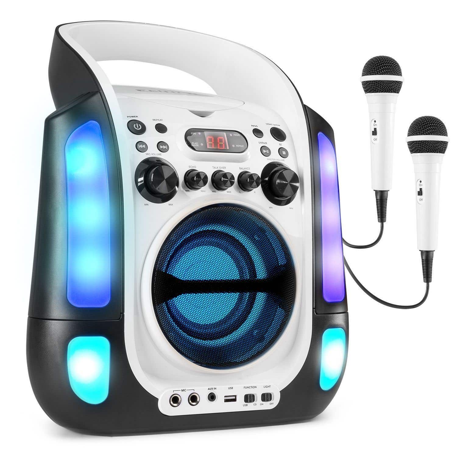 Fenton SBS30W tragbares Karaoke-Set mit Bluetooth, CD+G und Mikrofonen – schwarz-weiß