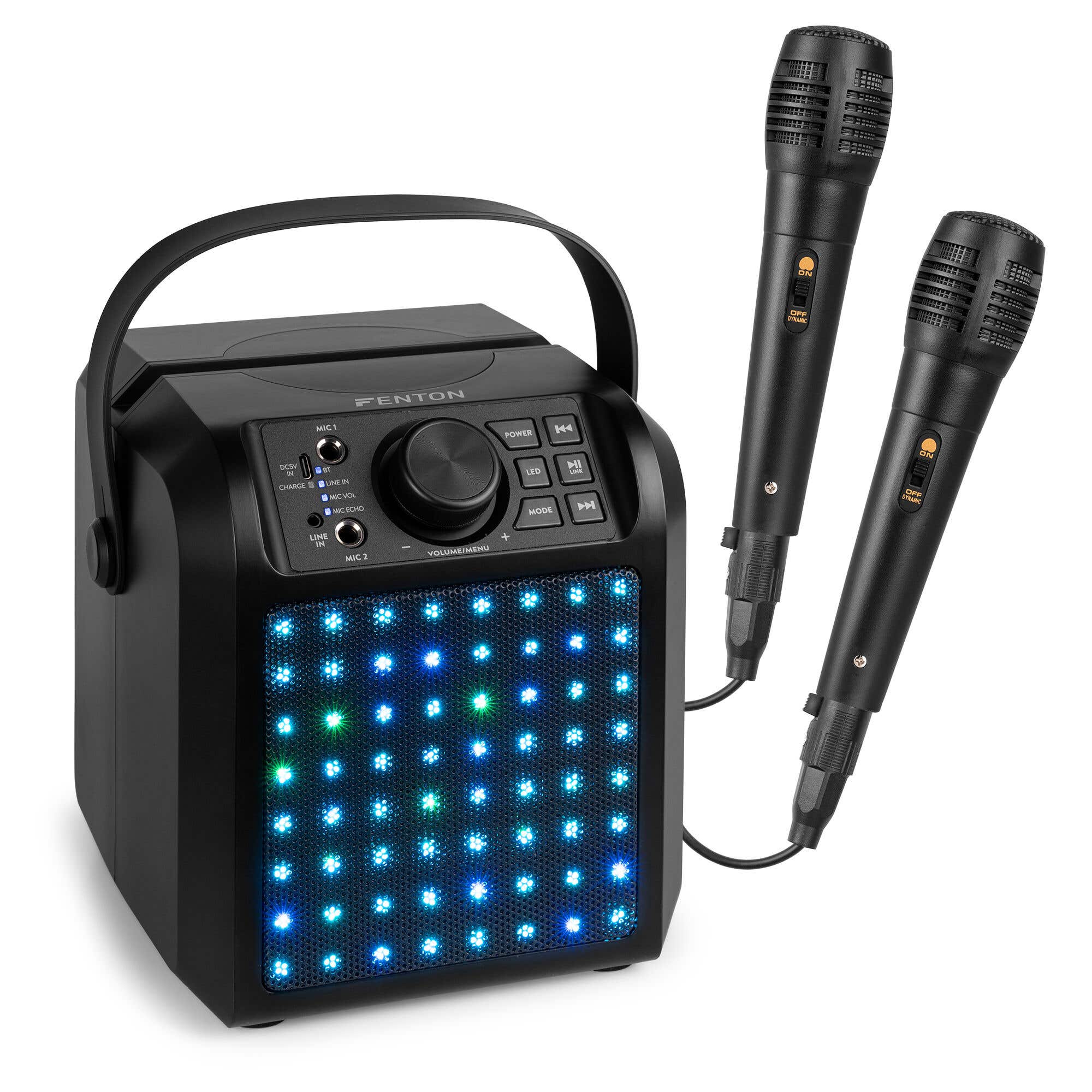 B-Ware - Fenton KAR50B Karaoke Lautsprecher Akku Karaoke Set mit Bluetooth, LEDs und 2 Mikrofonen - schwarz