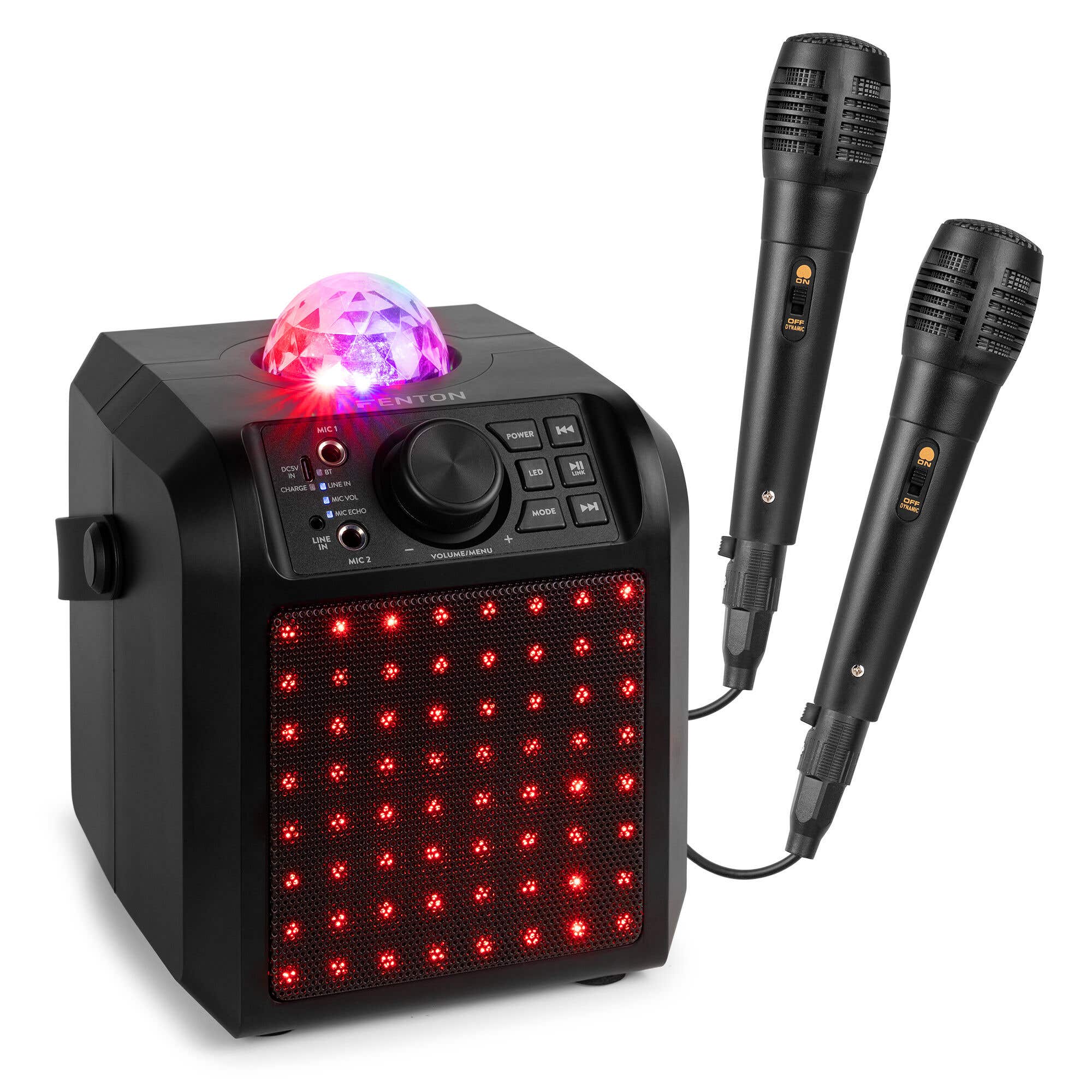 Fenton KAR55B Karaoke Lautsprecher mit 2 Mikrofonen, Bluetooth, LED Discokugel – Schwarz