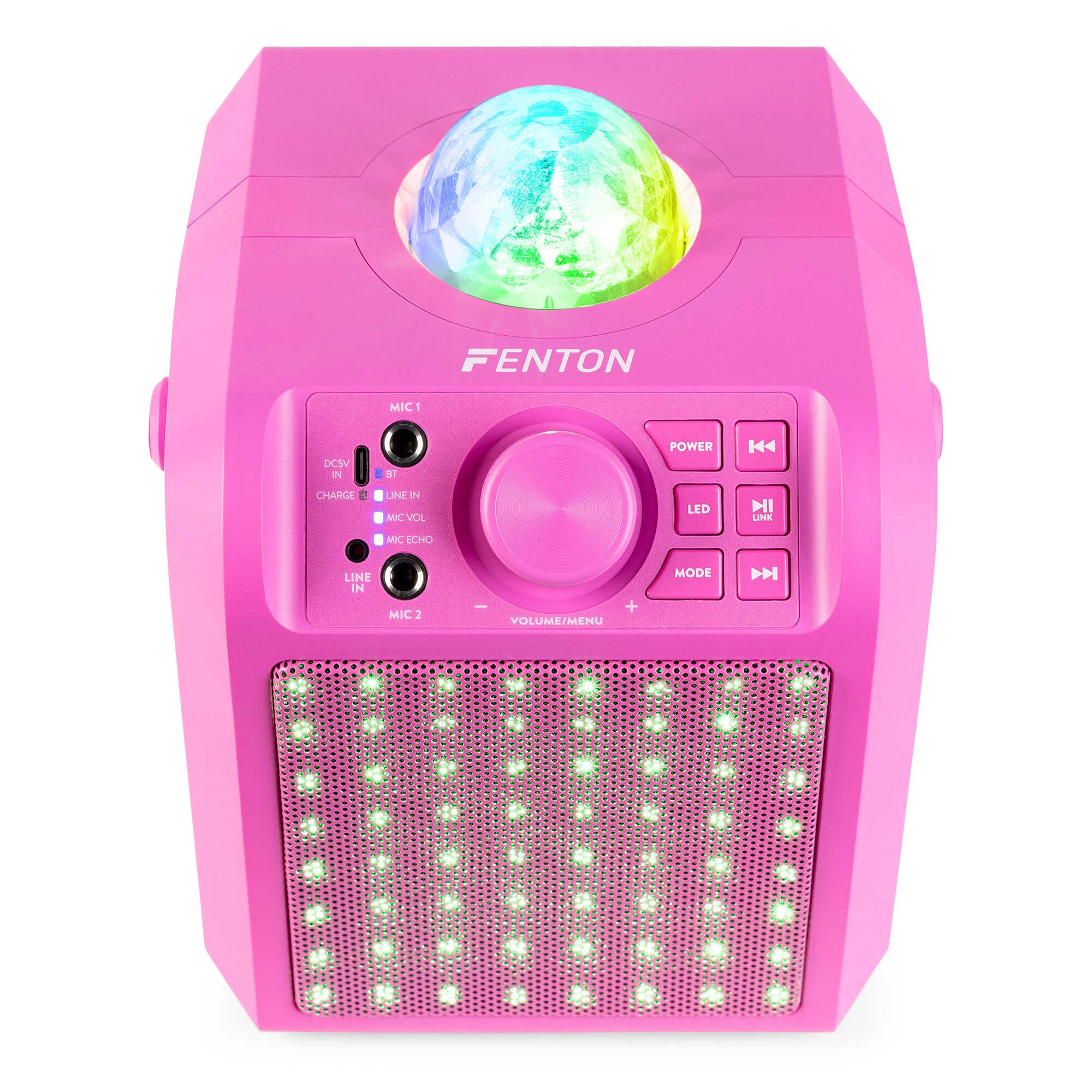 Fenton KAR55P Karaoke Lautsprecher mit 2 Mikrofonen, Bluetooth, LED Discokugel – Pink