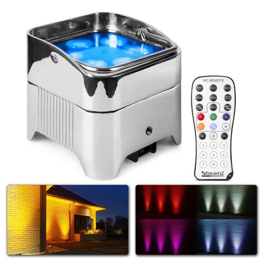 BeamZ BBP96SC-Deckenfluter, akkubetriebben, mit 6x 12 Watt-LEDs und kabellosem DMX – Chrom