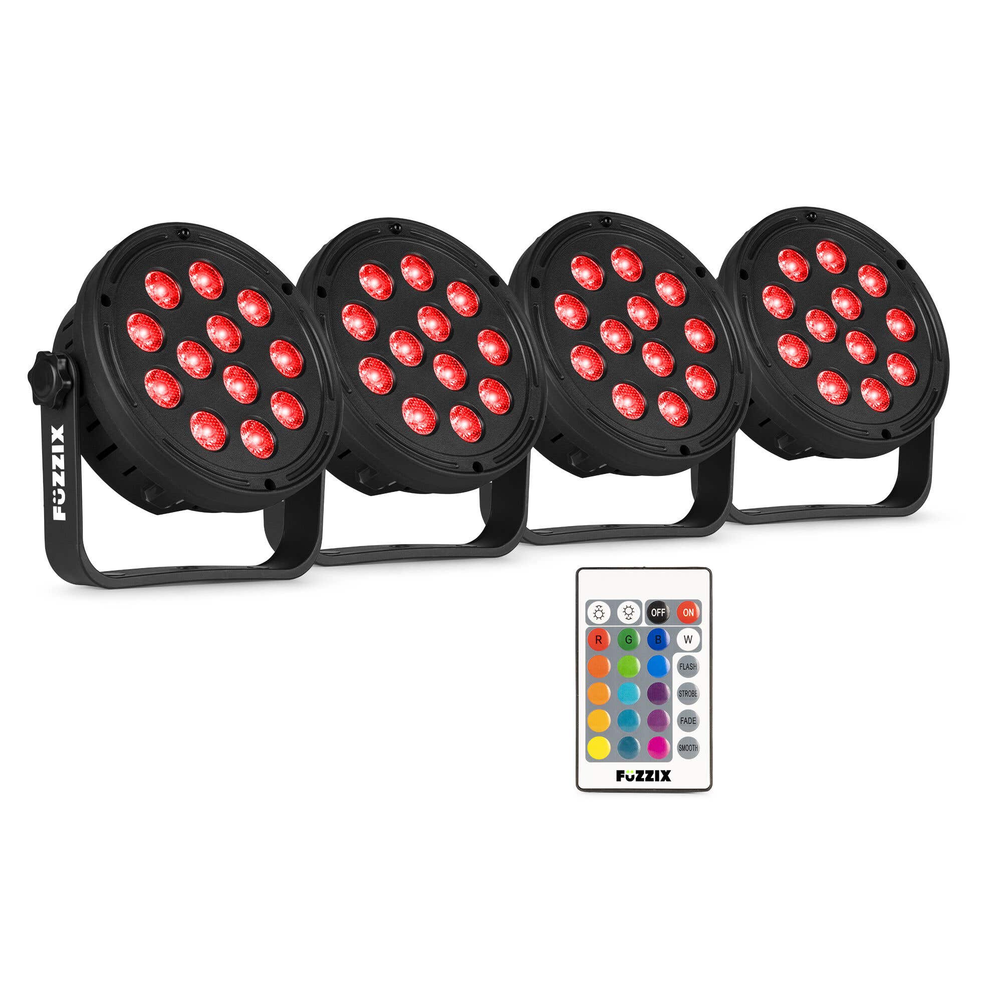Fuzzix Comet M12 LED Par Set – 4 LED-Pars mit 12 RGB-LEDs – Discolampen inkl. Fernbedienung