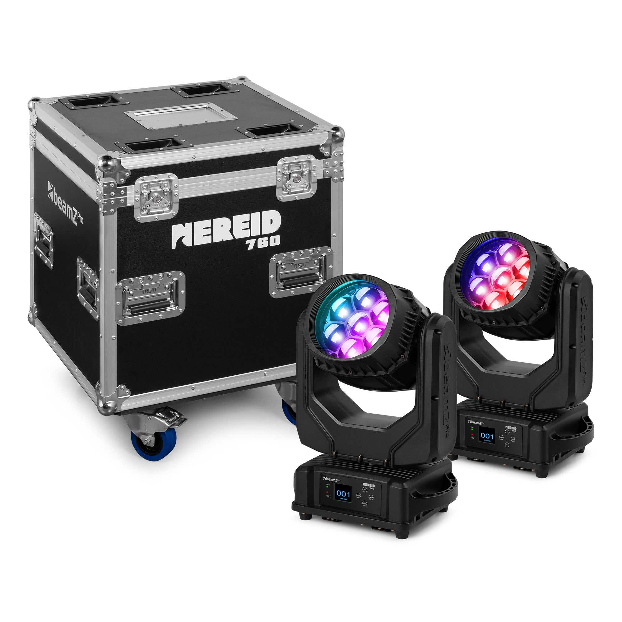 BeamZ Pro Nereid740 Moving Head 2er Set im Flightcase – Bee Eye mit Zoom – IP65 – 7x 40W RGBW LEDs