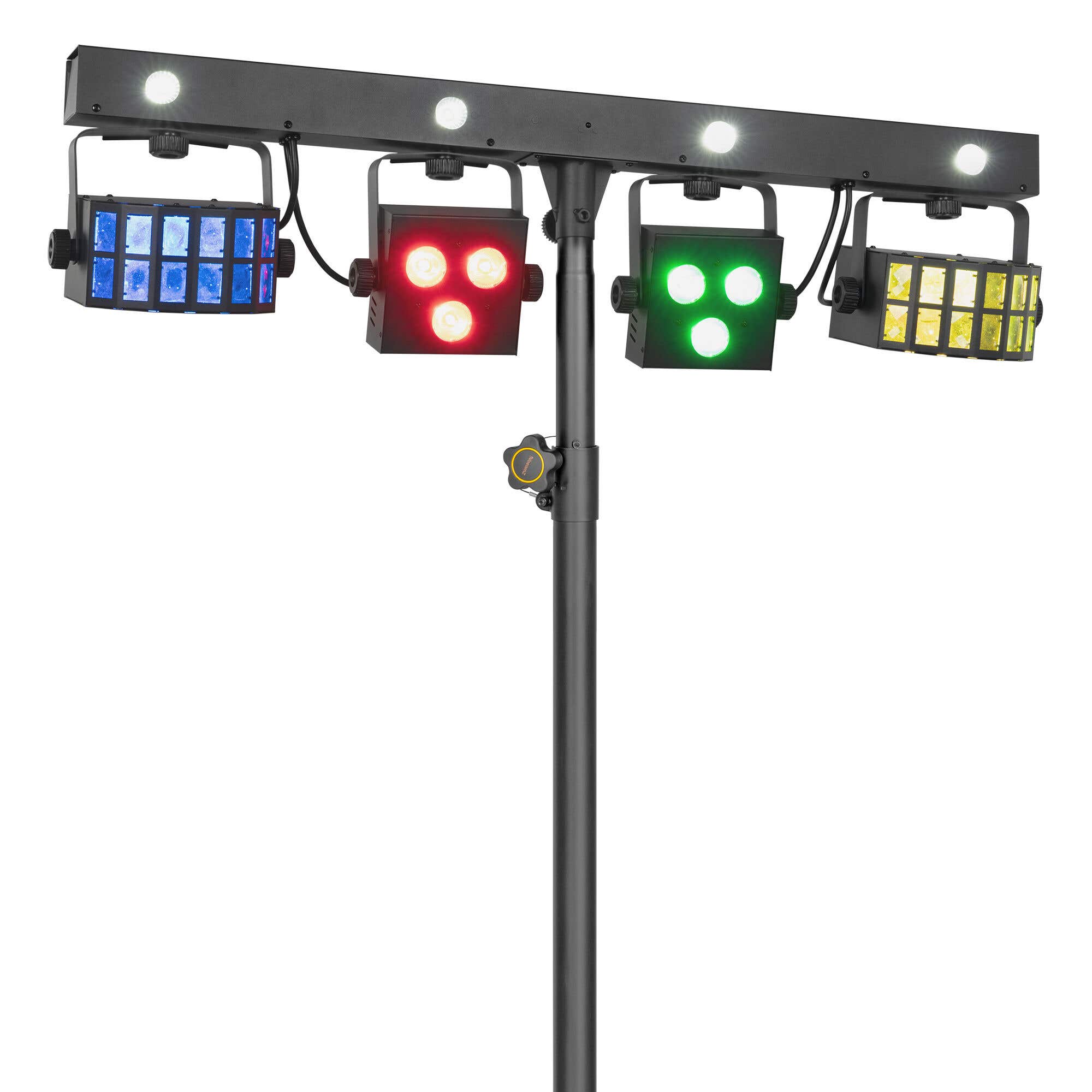 BeamZ SHOWBAR FREE2 Lichtset mit Stativ - Mit 2 Derbys, LED-PARs & Stroboskop - RGBW - Tragetasche 