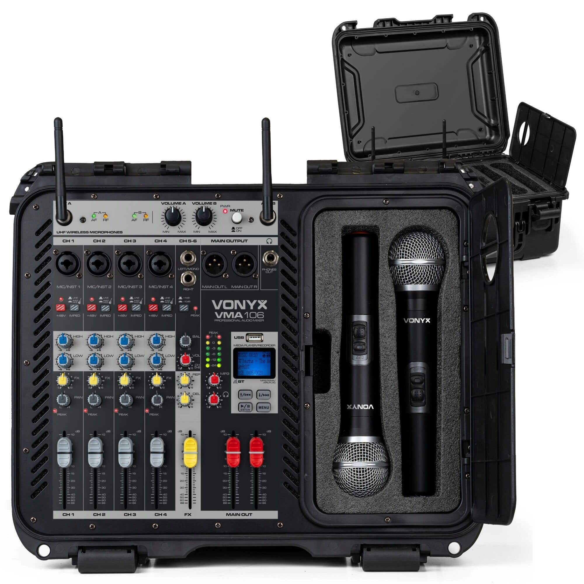 Vonyx VMA106 mobiles Audio Mischpult im Flightcase – mit 2 UHF-Funkmikrofonen – All-in-one-System