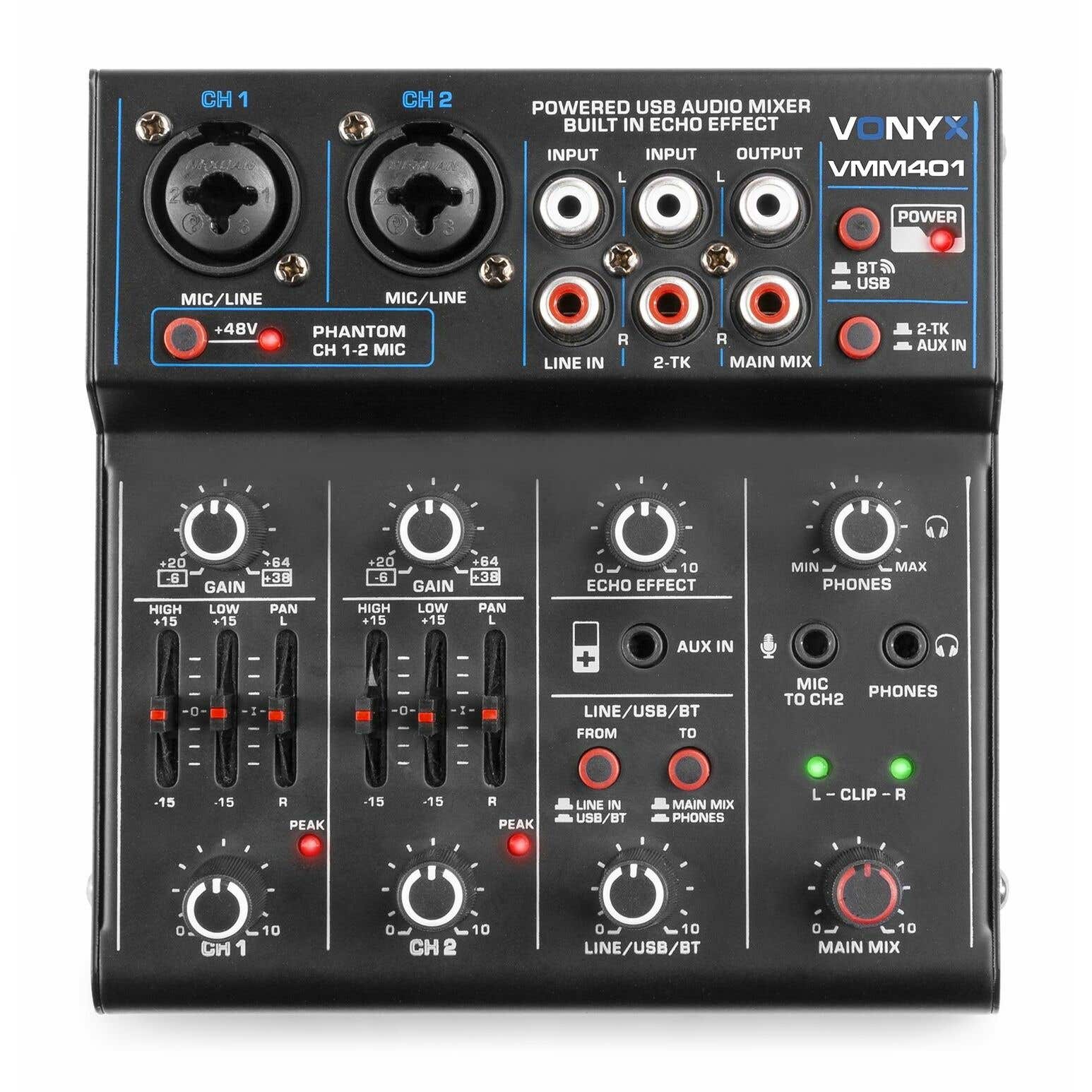 Vonyx VMM401 USB-Mixer - 4-Kanal Mixer mit Bluetooth und USB-Audioschnittstelle