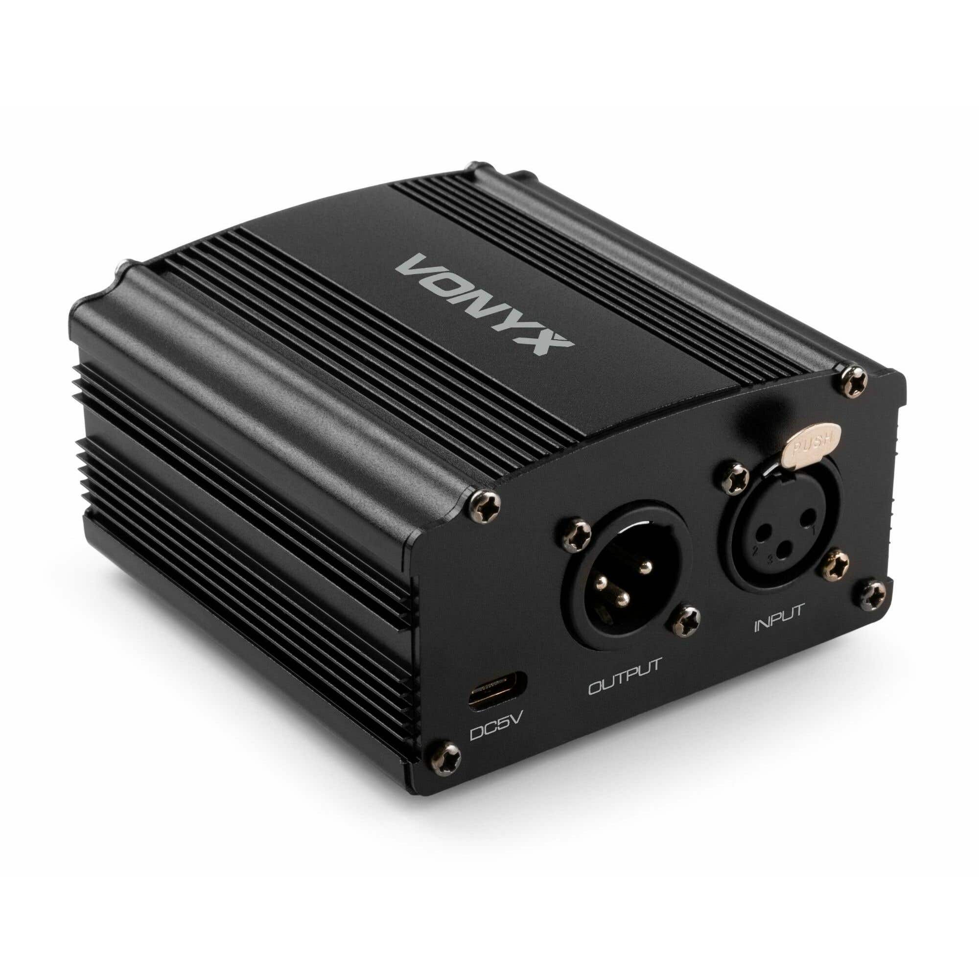 Vonyx VDX10 Phantomspeisung +48 Volt Universal Phantom Power Supply, Phantom Leistungsversorgung mit Adapter für Studio, Kondensator Mikrofone