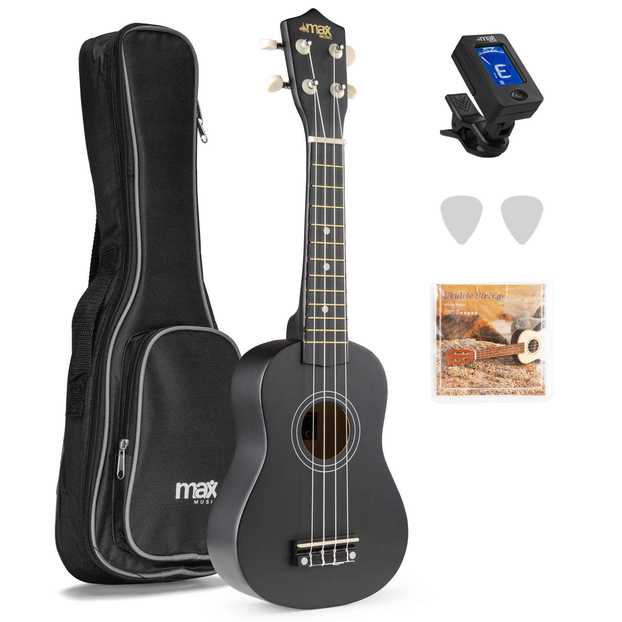 MAX UKEY Ukulele 21" Komplettset mit Zubehör - Schwarz