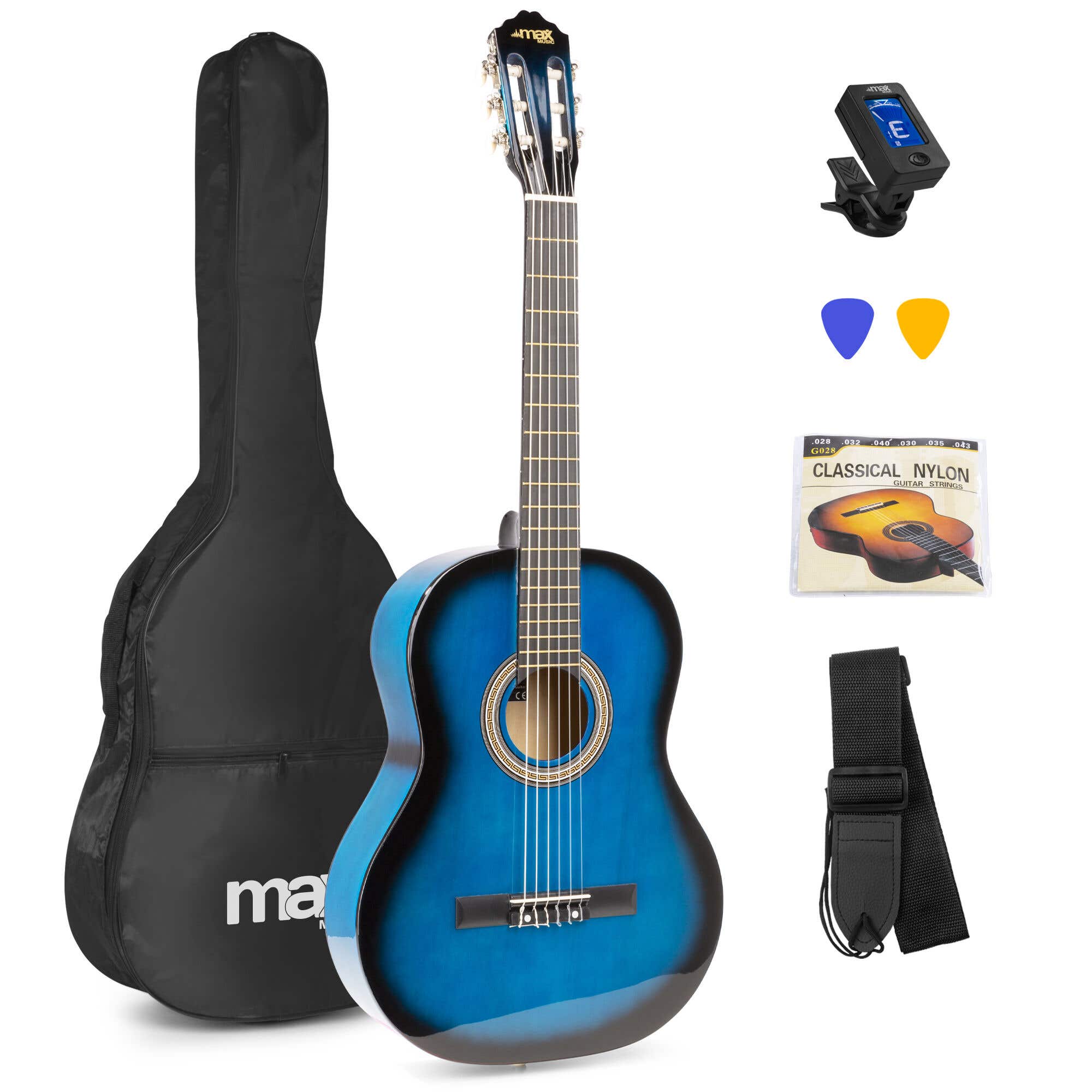 B-Ware - MAX SoloArt klassische Akustikgitarre (39") komplettes Anfängerset - Blau