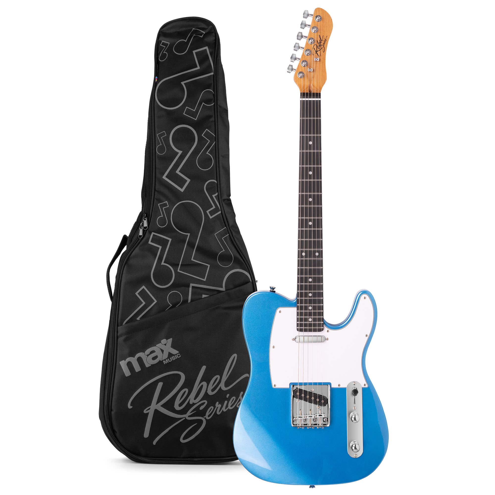MAX Rebel TE E-Gitarre - Roasted Maple Hals mit 22 Bünden - Inkl. Gitarrentasche - Blau Metallic