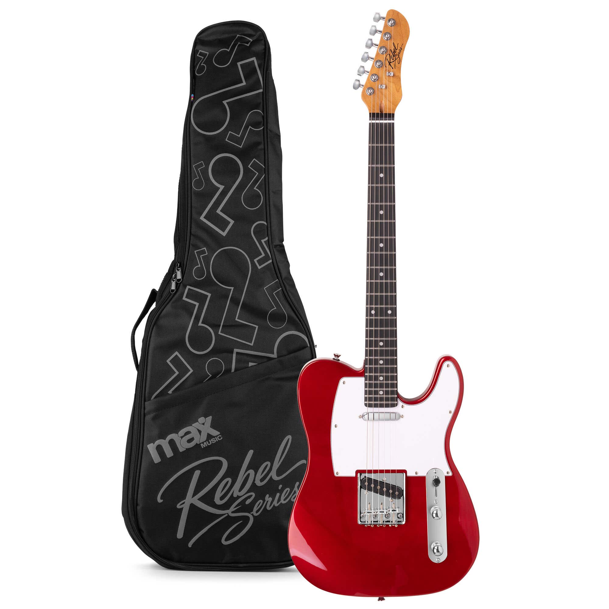 MAX Rebel TE E-Gitarre - Roasted Maple Hals mit 22 Bünden - Inkl. Gitarrentasche - Rot Metallic