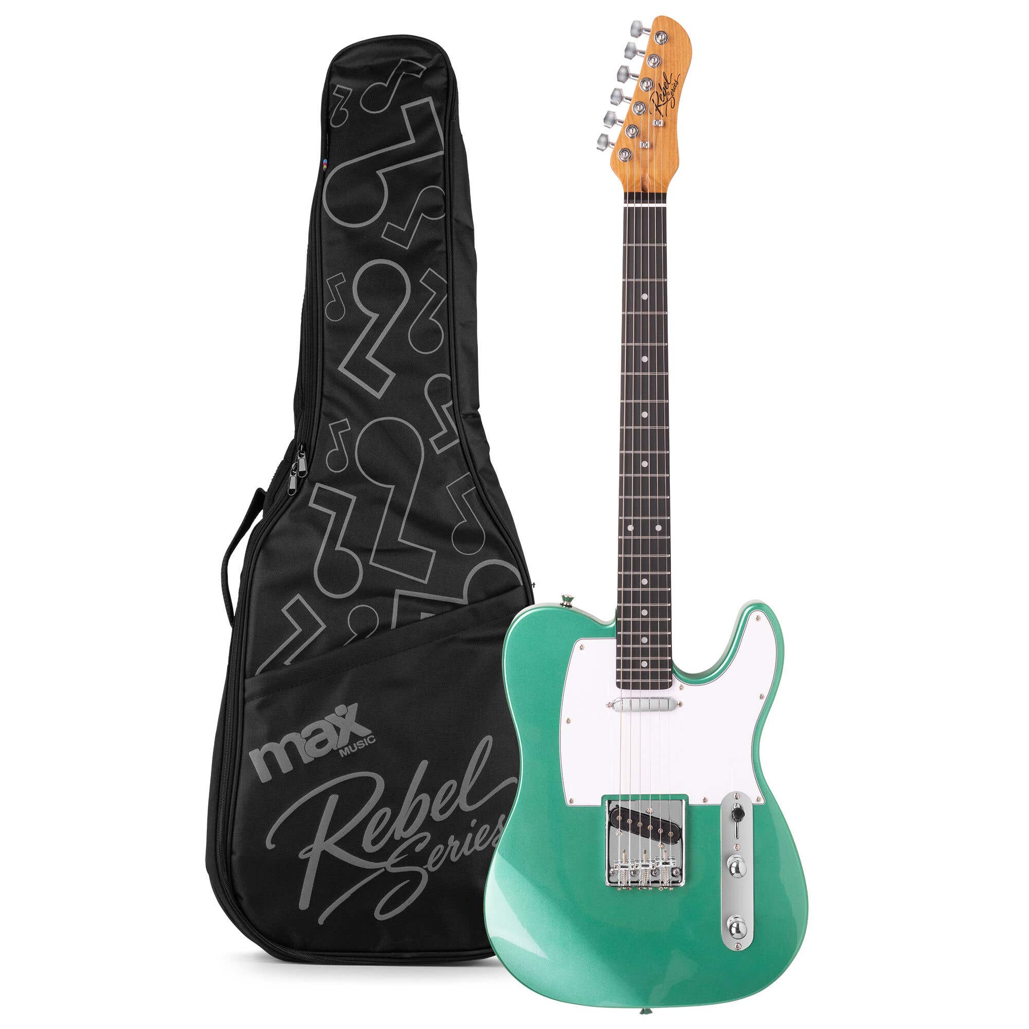 MAX Rebel TE E-Gitarre - Roasted Maple Hals mit 22 Bünden - Inkl. Gitarrentasche - Grün Metallic