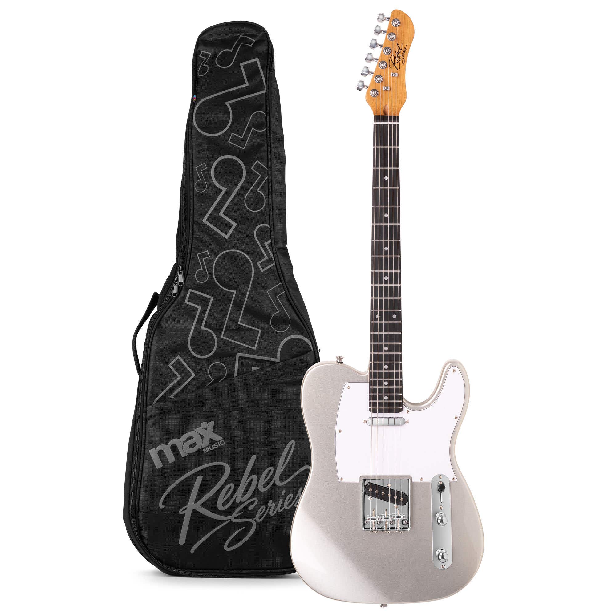 MAX Rebel TE E-Gitarre - Roasted Maple Hals mit 22 Bünden - Inkl. Gitarrentasche - Silber Metallic