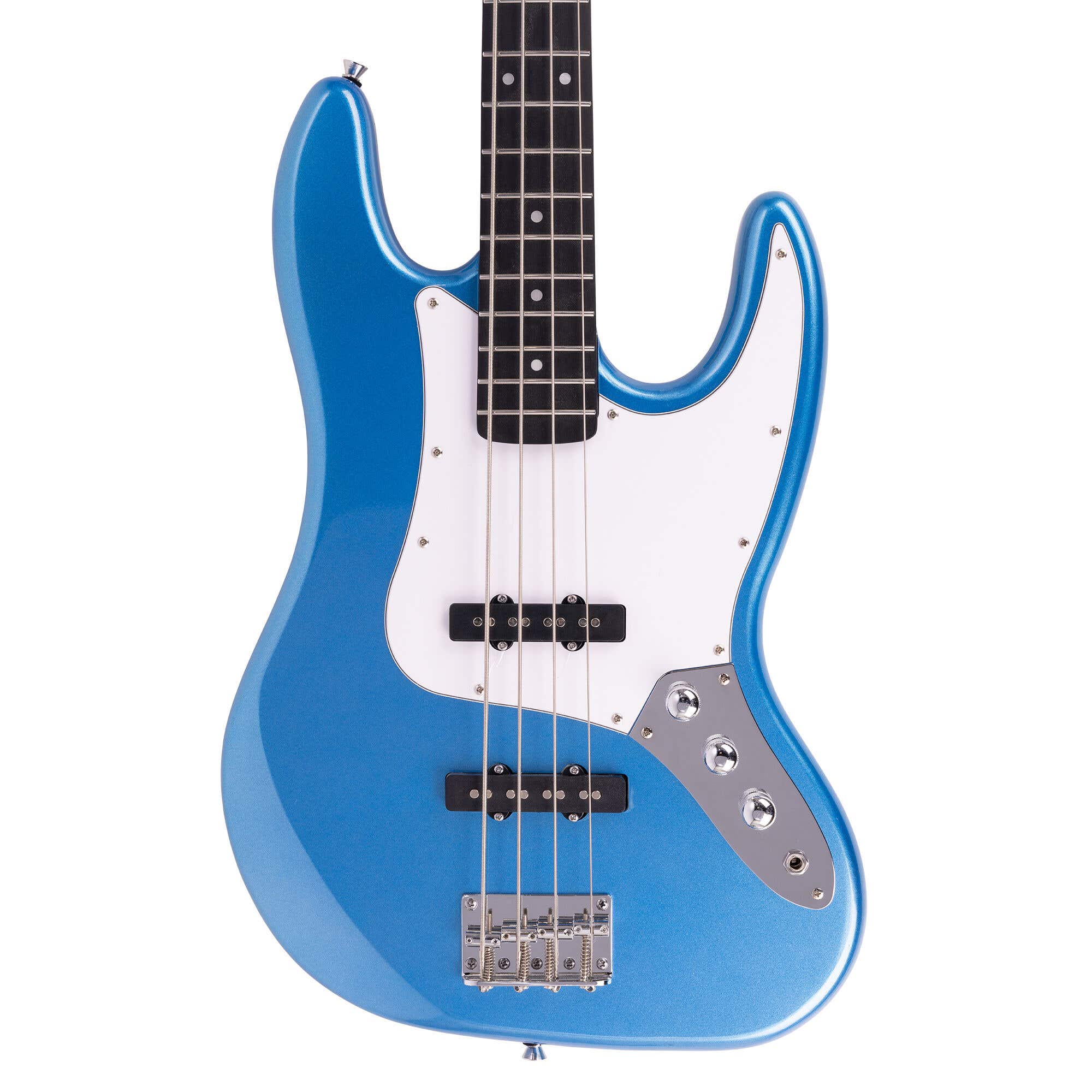 MAX Rebel JB Bassgitarre - Roasted Maple Hals mit 20 Bünden - Inkl. Gitarrentasche - Blau Metallic