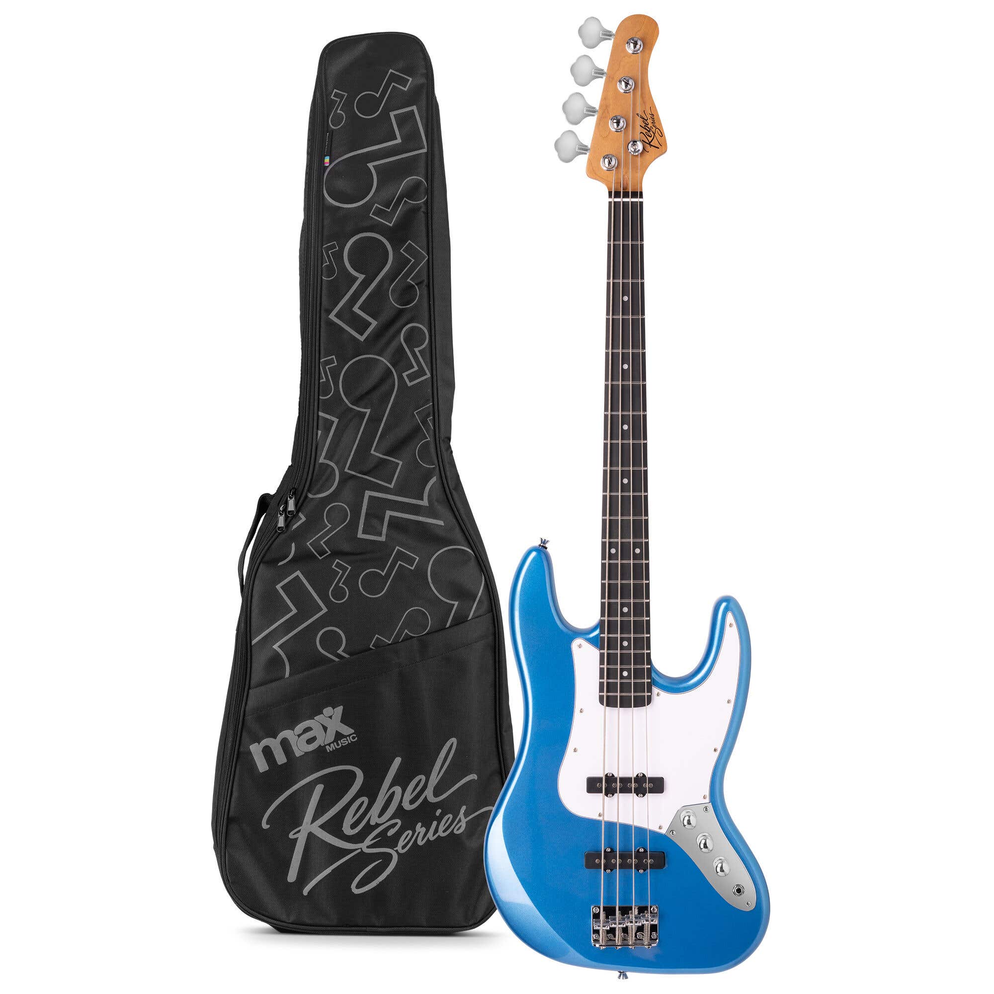 MAX Rebel JB Bassgitarre - Roasted Maple Hals mit 20 Bünden - Inkl. Gitarrentasche - Blau Metallic
