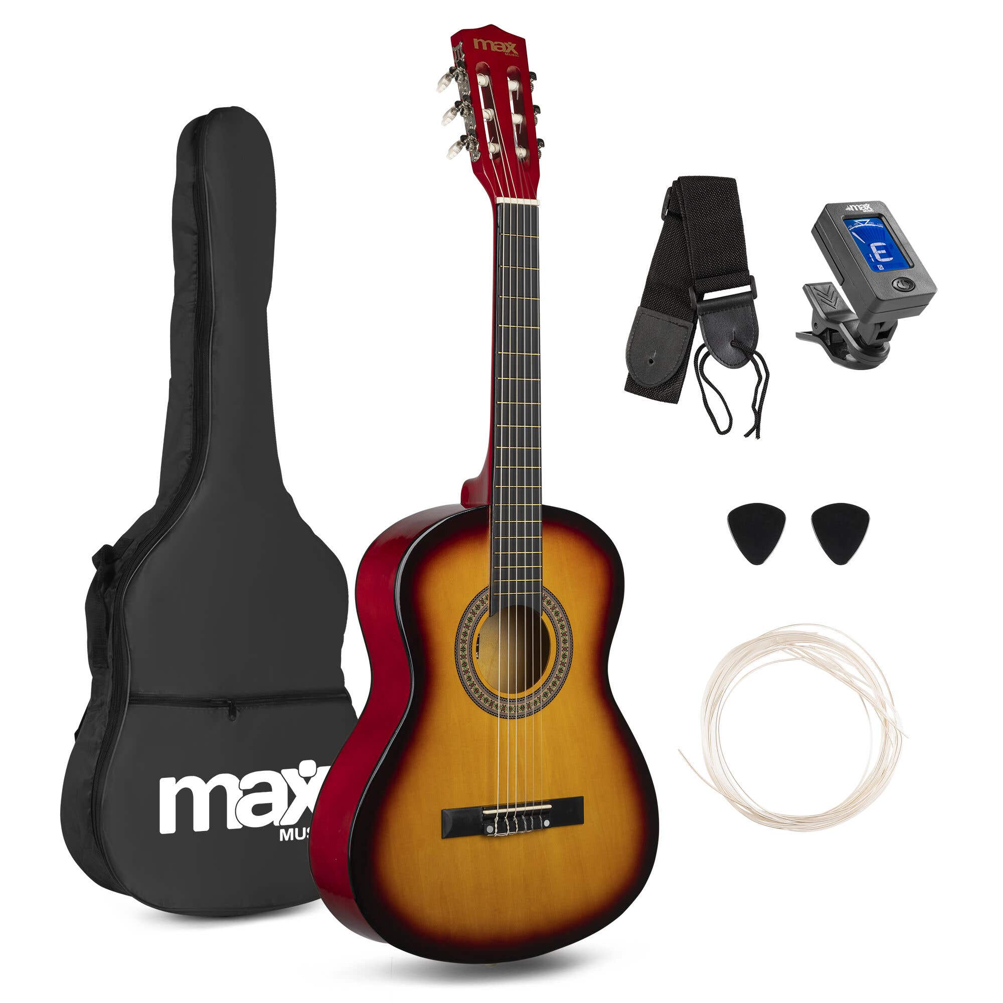 MAX SoloArt Junior 3/4 – Kinder Akustik Gitarre – Komplettes Starter Set mit Zubehör – Sunburst
