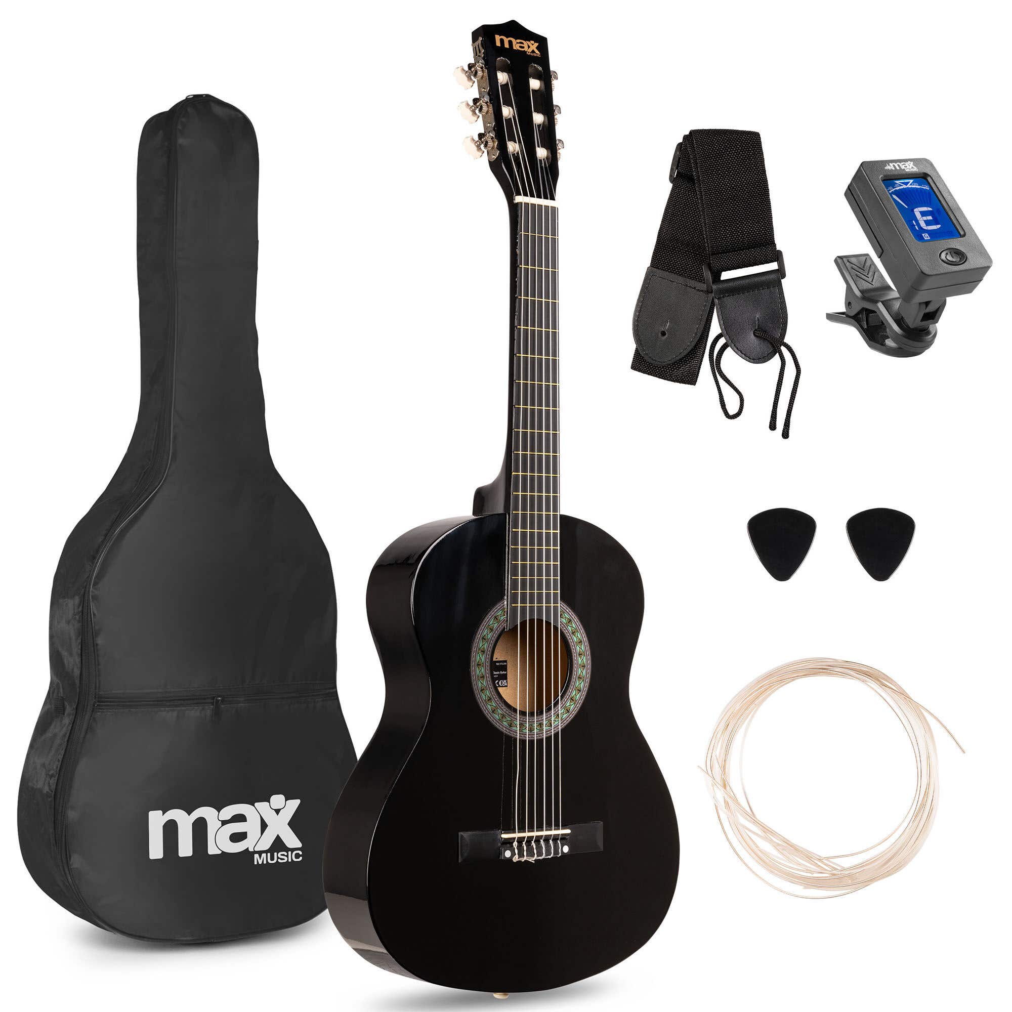 MAX SoloArt Junior 3/4 – Kinder Akustik Gitarre – Komplettes Starter Set mit Zubehör – Schwarz