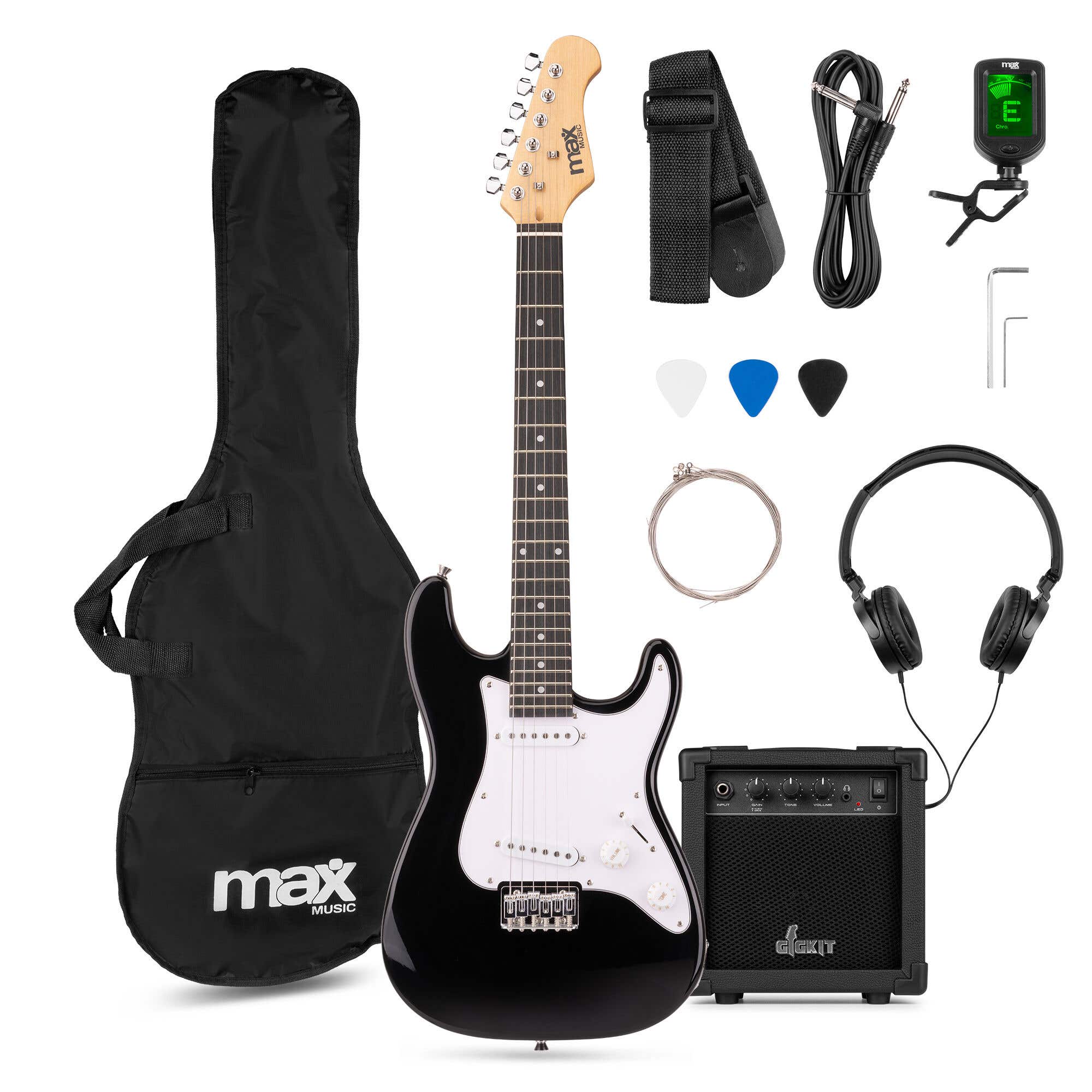 MAX GigKit Junior 3/4 - E-Gitarre für Kinder - Komplettes Starterset mit Zubehör - Schwarz