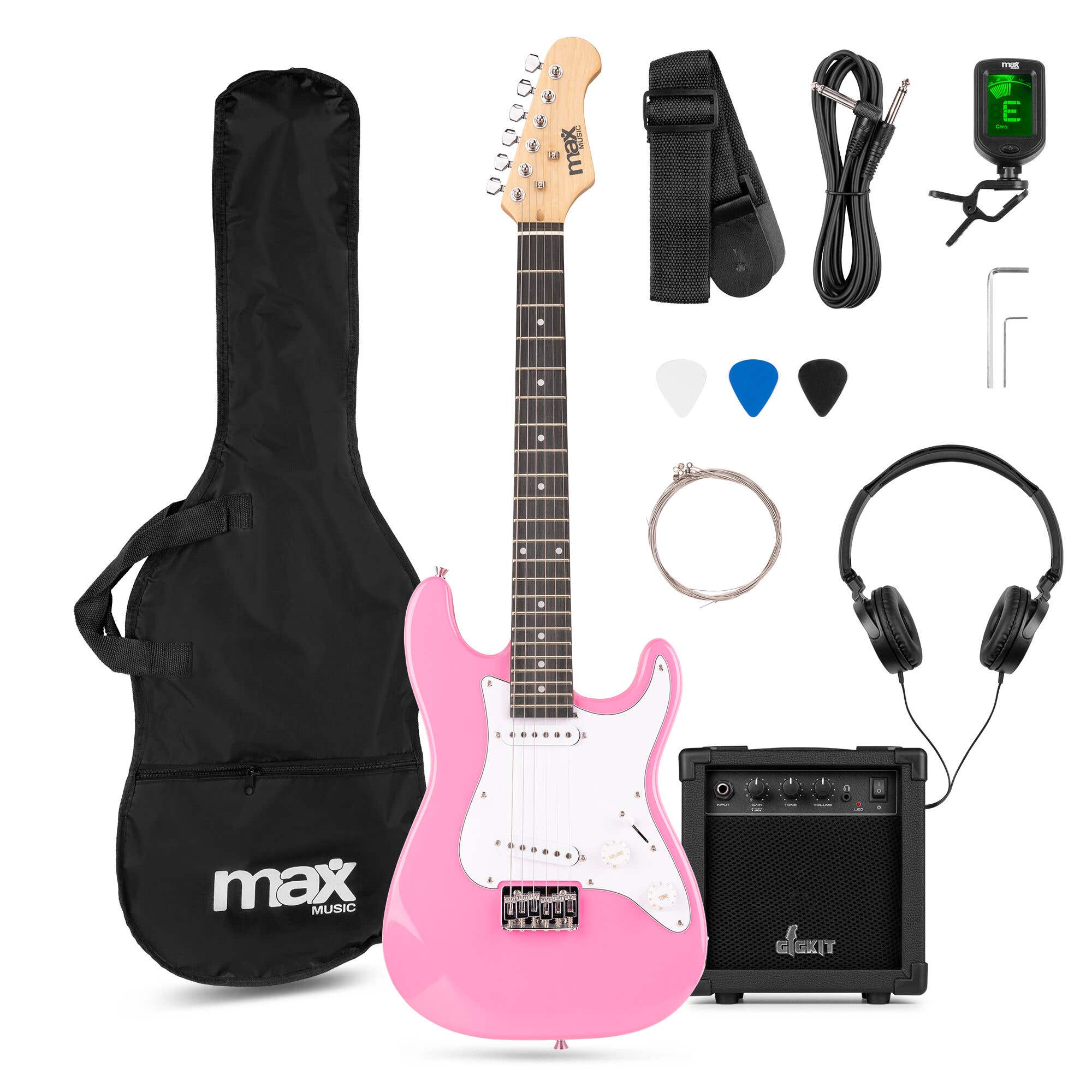 MAX GigKit Junior 3/4 - E-Gitarre für Kinder - Komplettes Starterset mit Zubehör - Pink