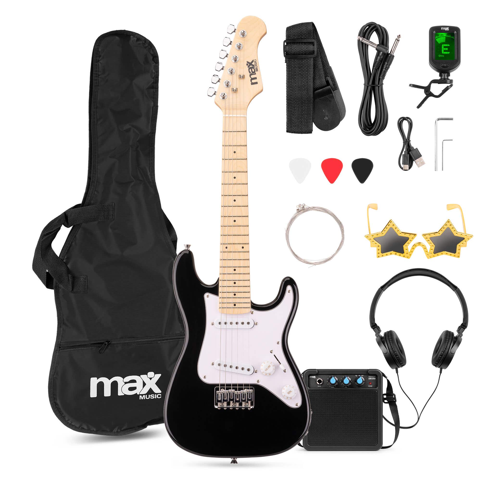 MAX GigKit Junior 1/4 - E-Gitarre für Kinder - Komplettes Starterset mit Zubehör - Schwarz