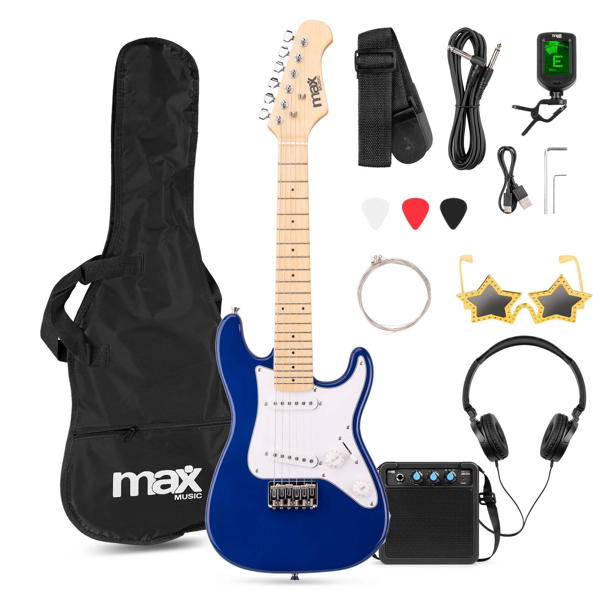 MAX GigKit Junior 1/4 - E-Gitarre für Kinder - Komplettes Starterset mit Zubehör - Blau
