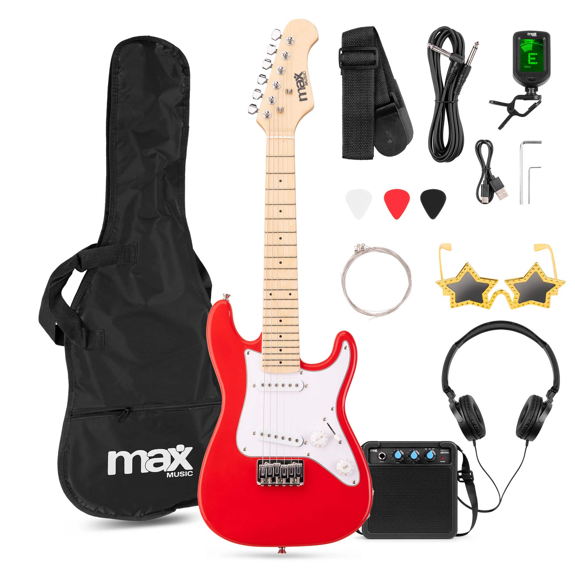 MAX GigKit Junior 1/4 - E-Gitarre für Kinder - Komplettes Starterset mit Zubehör - Rot