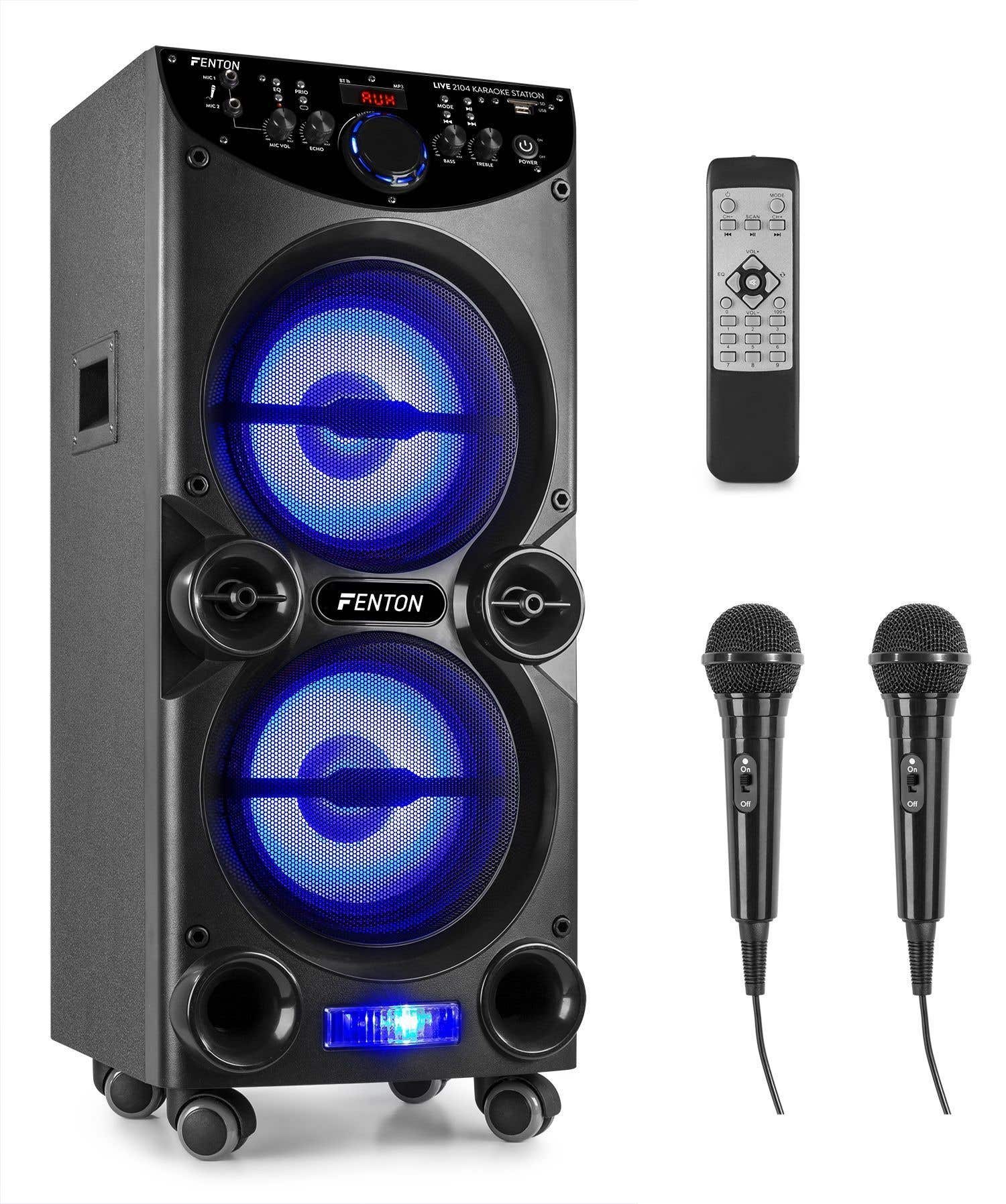 Fenton LIVE2104 Karaoke-Set mit Bluetooth, MP3-Player, 2 Mikrofonen und Disco-LEDs – 400 Watt