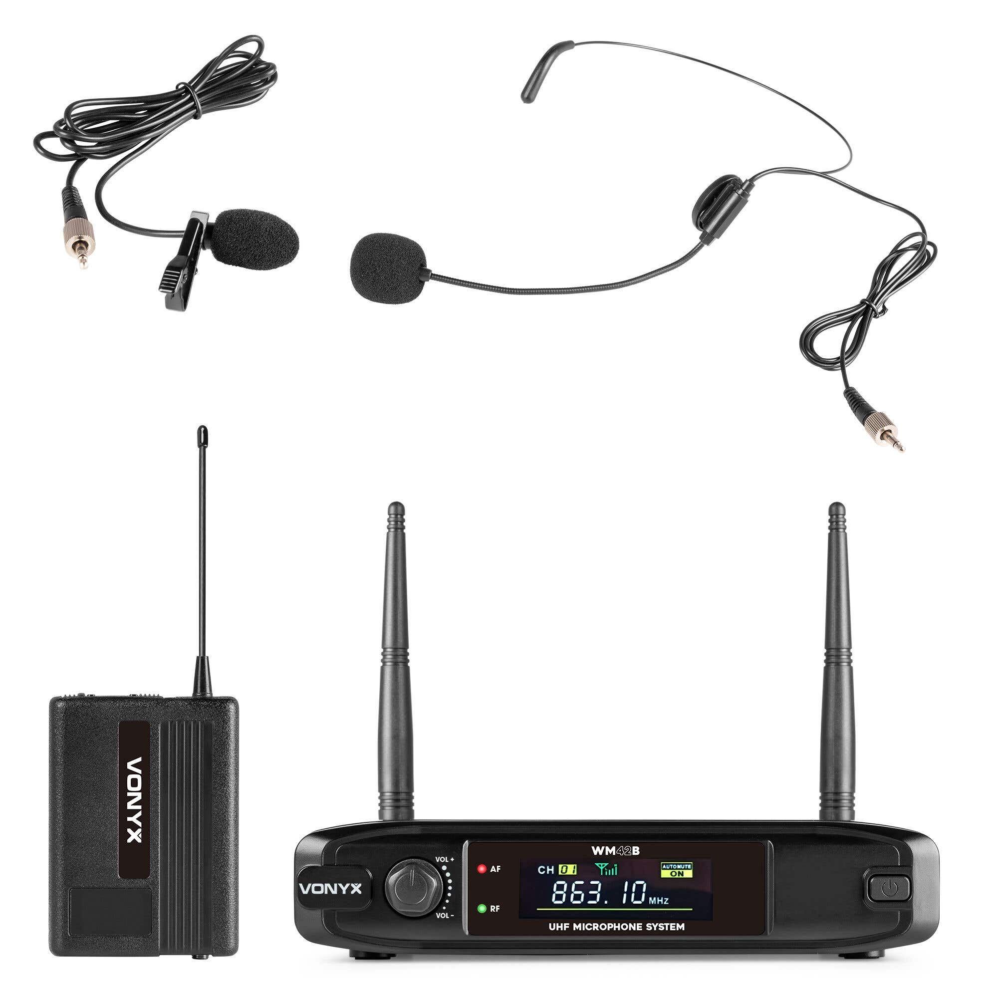 Vonyx WM42B Funkmikrofon Headset - Set mit Bodypack und Ansteckmikrofon - UHF