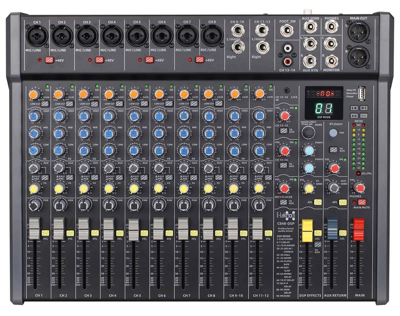 E-Lektron C848-DSP 16 Kanal Mischpult - Mit USB Interface, DSP-Effekten und Bluetooth