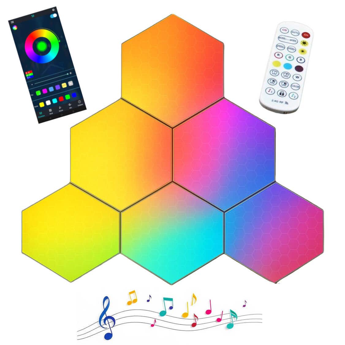 E-Lektron KBB36 sechseckige LED Wandbeleuchtung - App- und Musiksteuerung - 6 Stück