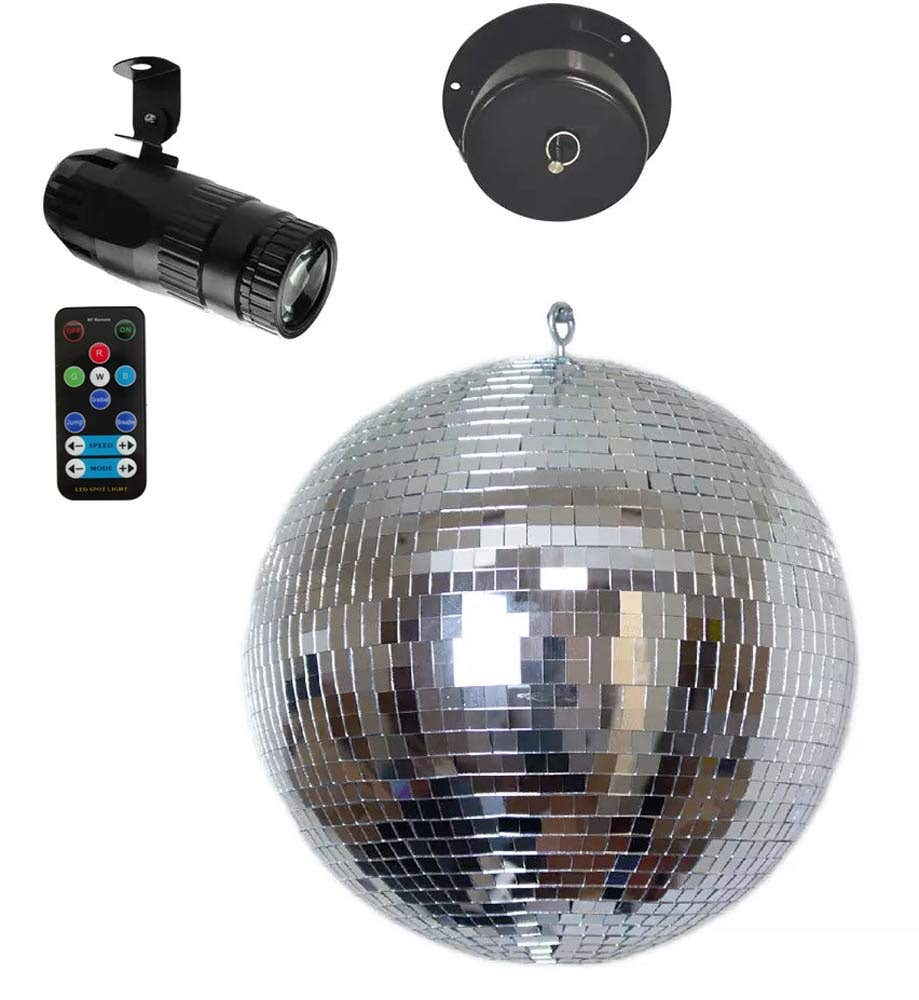E-Lektron Spiegelkugel-Set - 25 cm Discokugel - Inklusive Motor und RGBW Pinspot