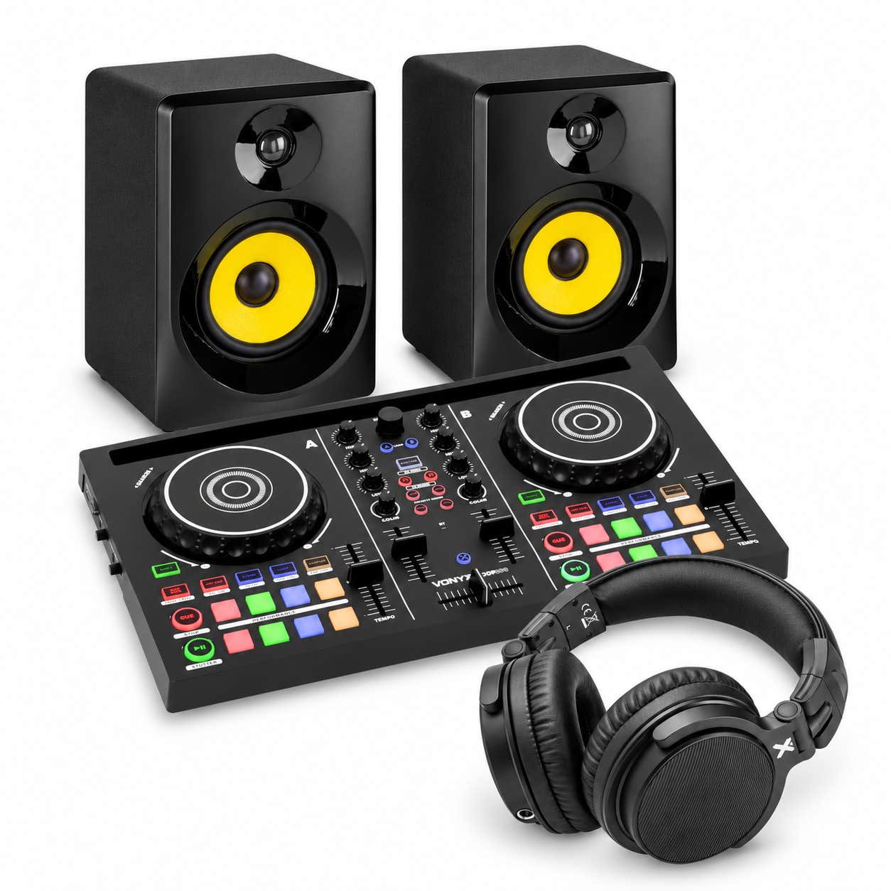 Vonyx Loop200 DJ Controller - Set mit aktiven Lautsprechern und DJ Kopfhörer - Virtual DJ LE