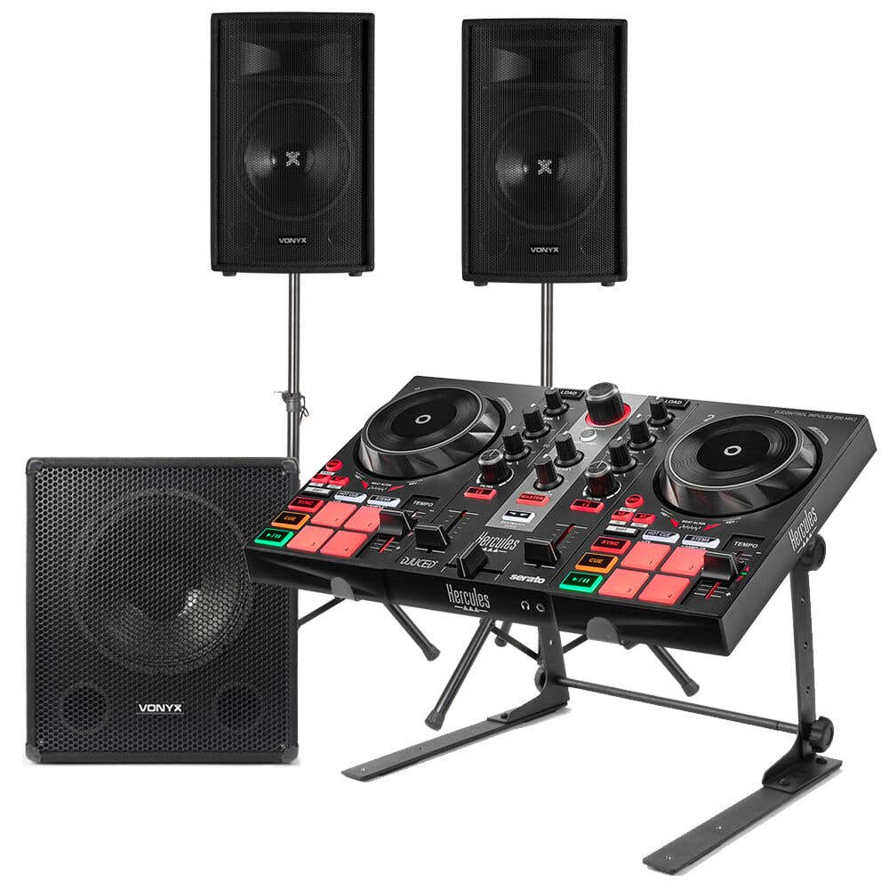 Vonyx 2.1 komplettes Live-Set 1100 Watt mit Hercules Inpulse 200 Controller und Stativ