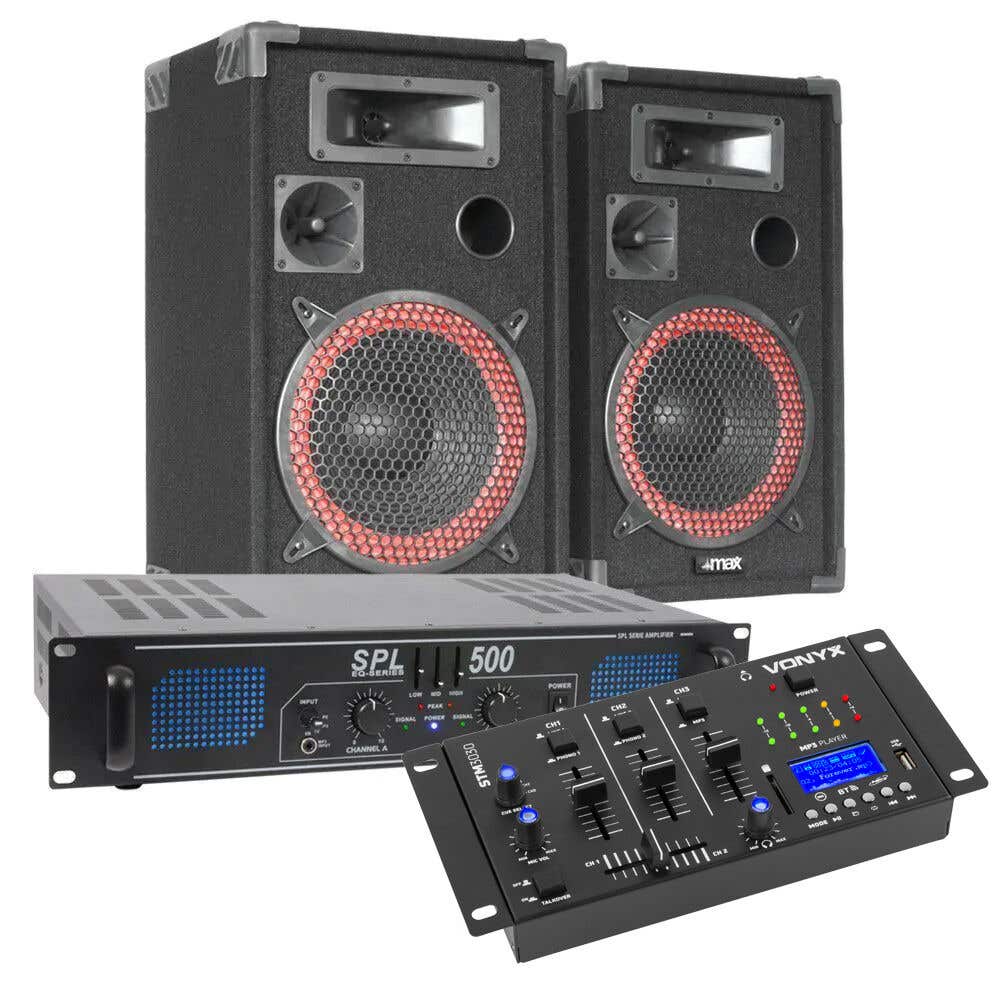 MAX Komplettes 500-W-Bluetooth-DJ-Set mit Lautsprechern, Verstärker und Mischpult