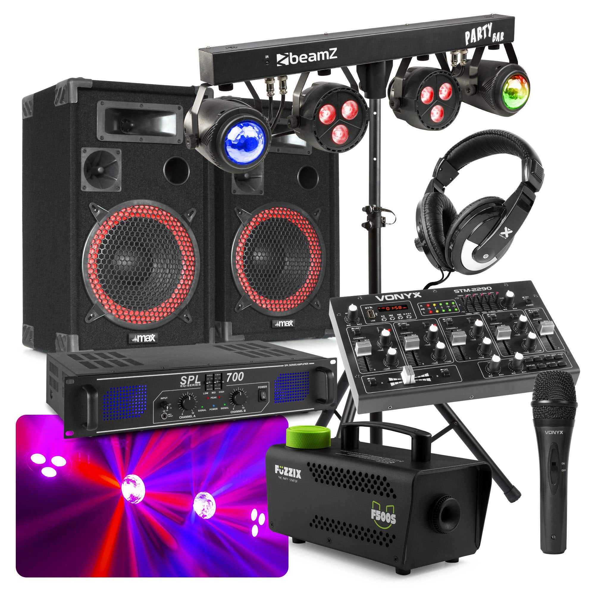 MAX Komplettes 700 W DJ Bluetooth Disco Set mit Sound, Licht und Nebel