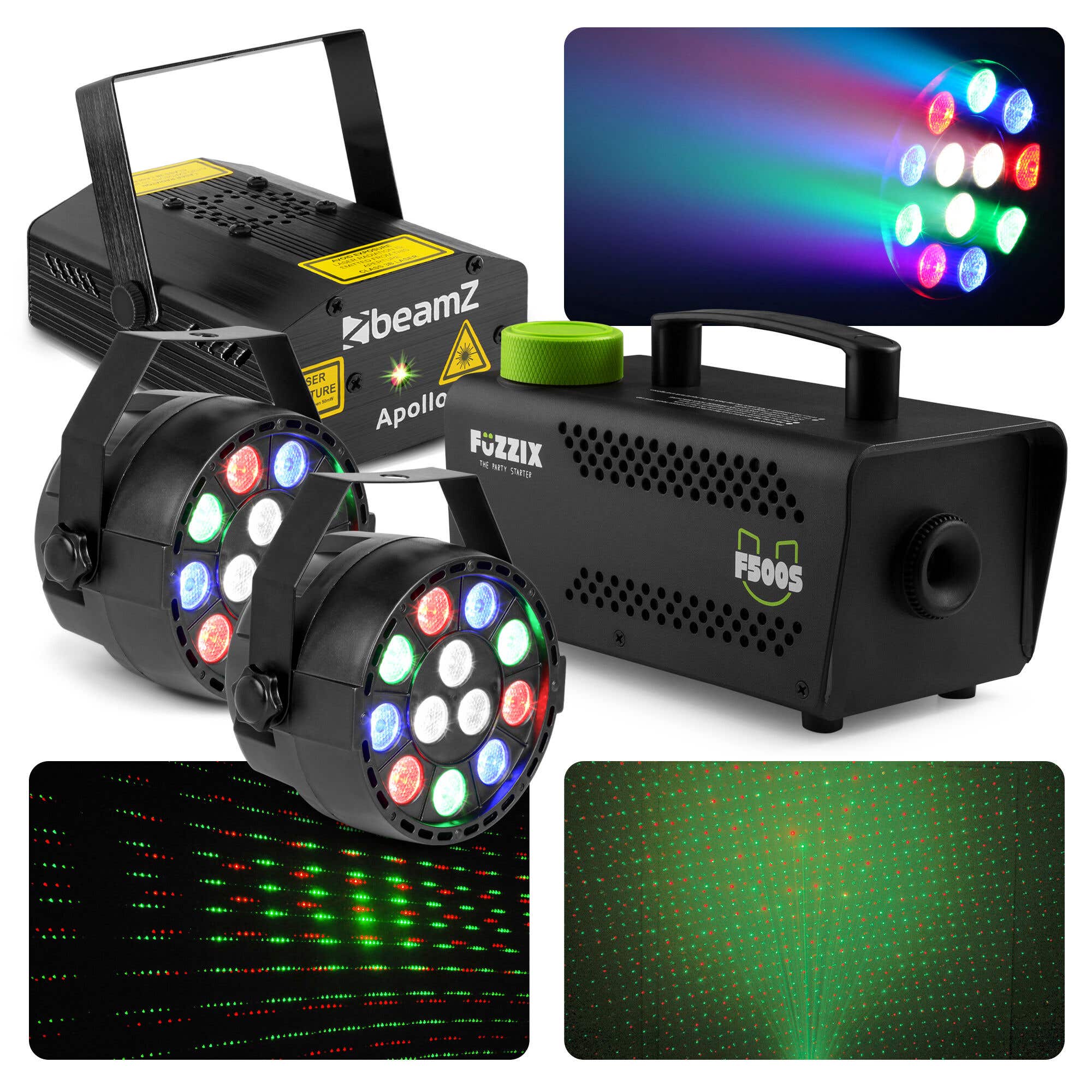 BeamZ Lichtset mit Laser, PAR-Spots und 500 W Nebelmaschine
