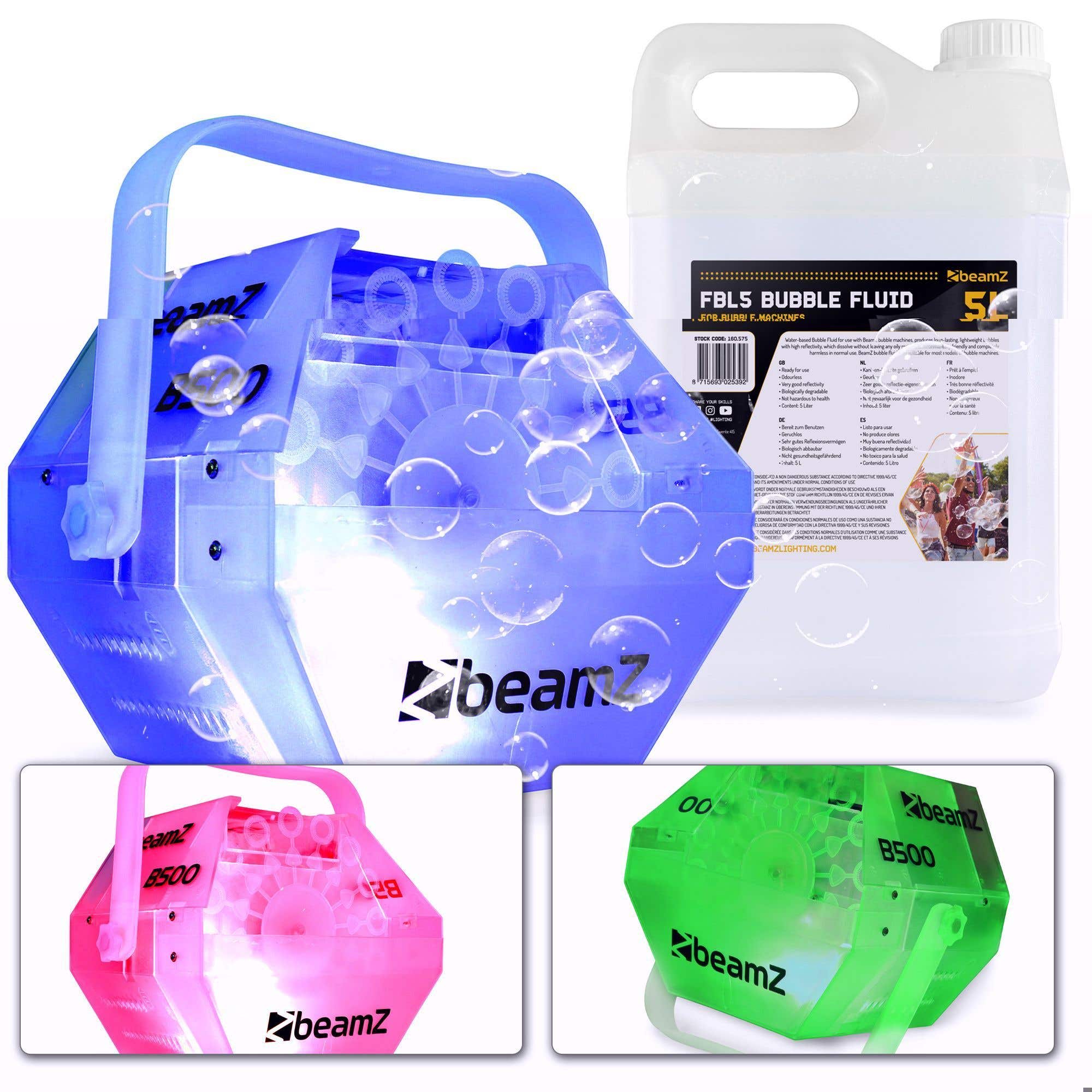BeamZ B500LED Seifenblasenmaschine transparent mit LEDs inkl. 5 L Seifenblasenflüssigkeit