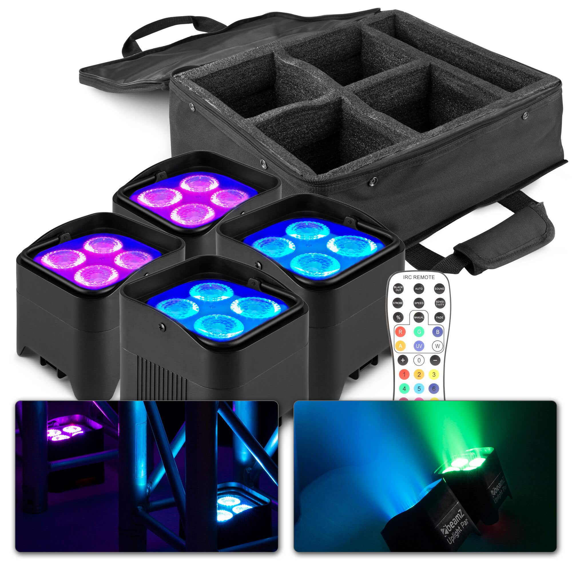 Set mit 4 BeamZ BBP94W Akku-LED-Uplights mit Tasche