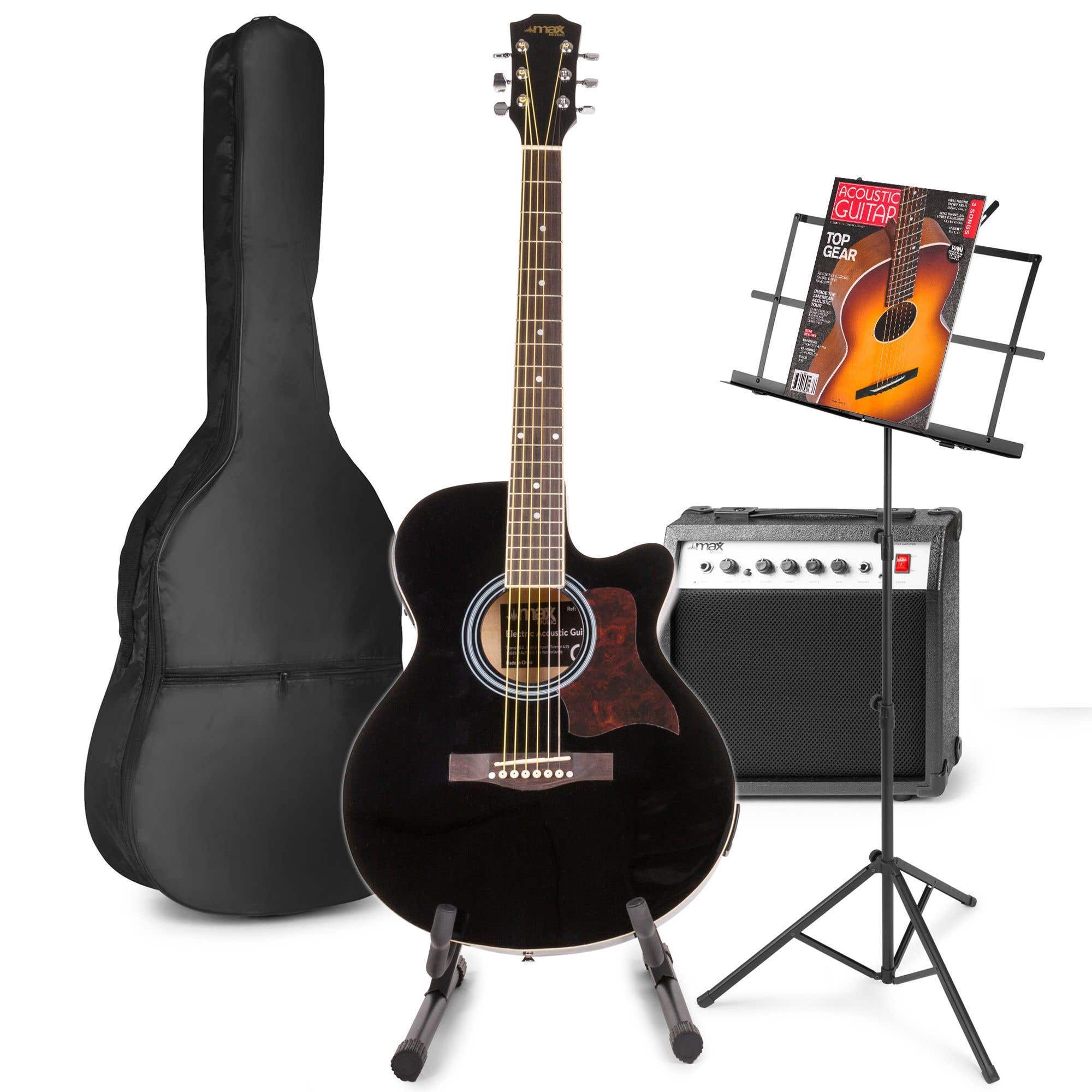 MAX ShowKit Elektro-Akustikgitarre mit Gitarre und Notenständer – Schwarz