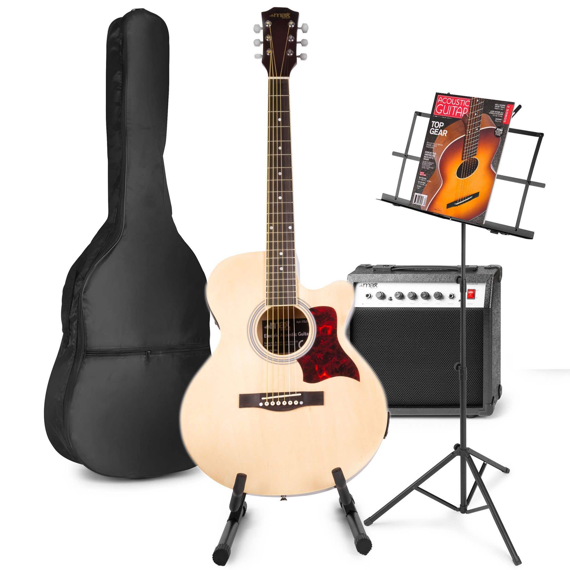 MAX ShowKit Elektro-Akustikgitarre mit Gitarre und Notenständer – Holz