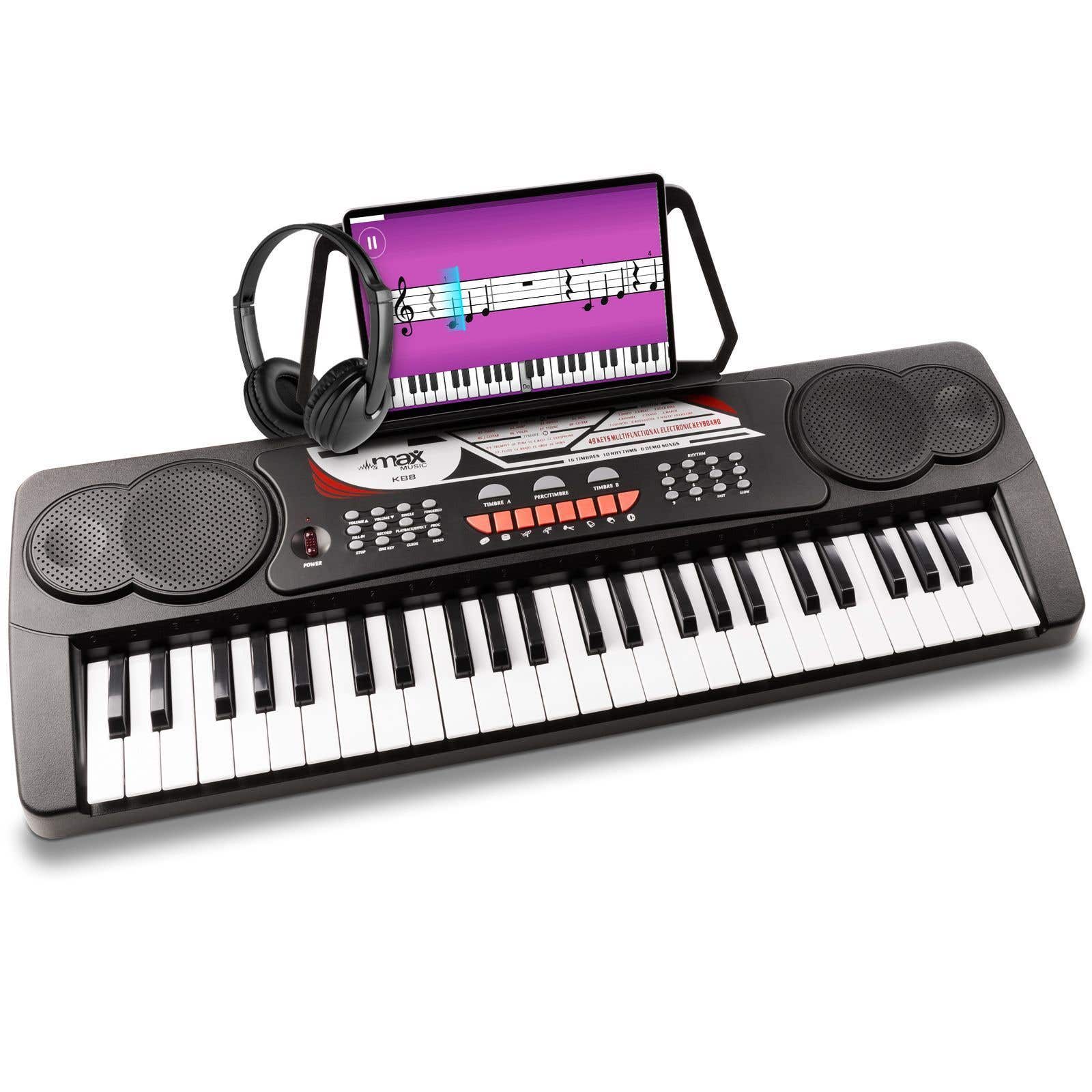MAX KB8 Keyboard Klavier mit Kopfhörer und 49 Tasten, Lautsprecher integriert, Tragbar, Aufnahmefunktion, 6 Demo-Songs - Schwarz